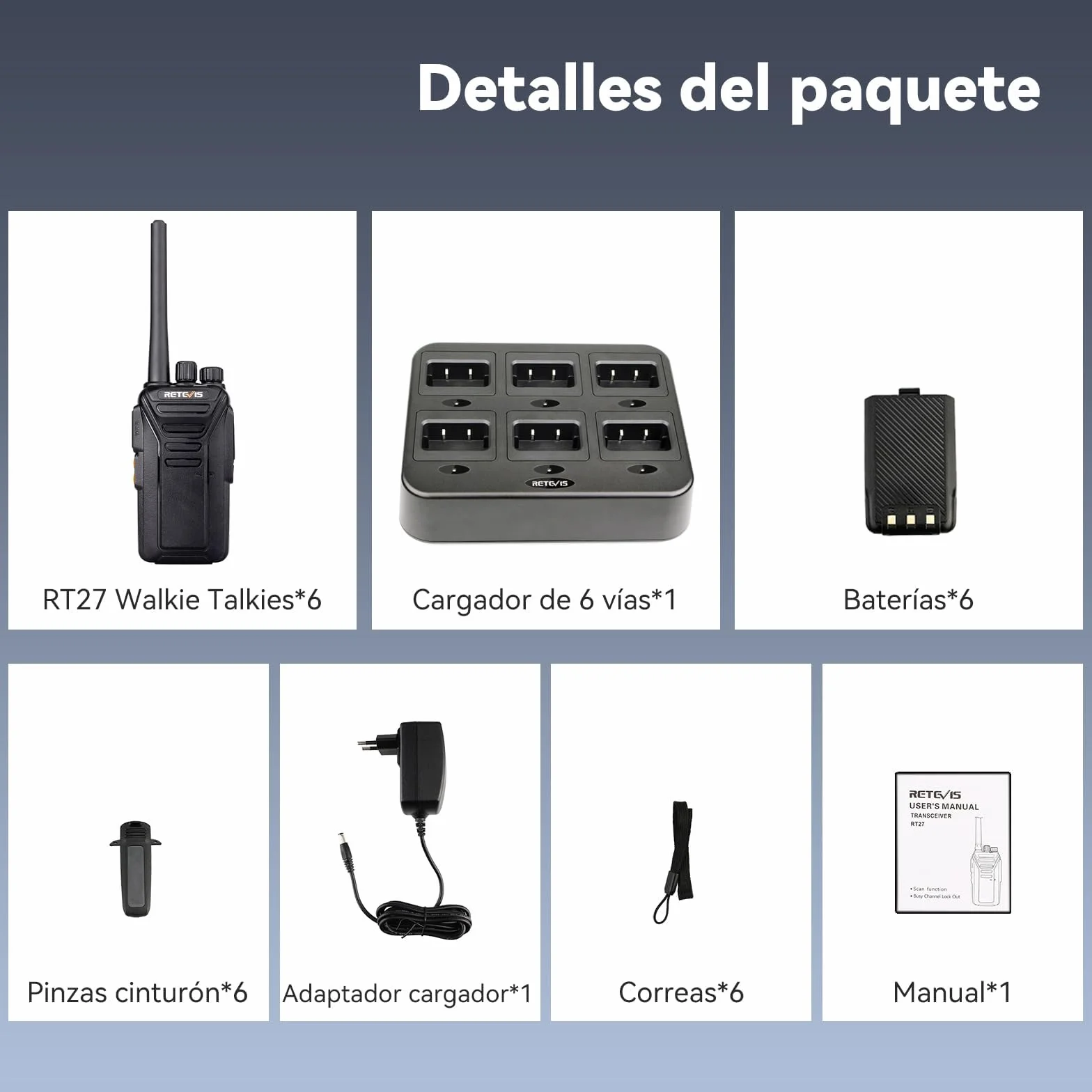 Retevis RT27 Walkie Talkie PMR446 6 Slot Charger Professional Long Range 6 Pack Black