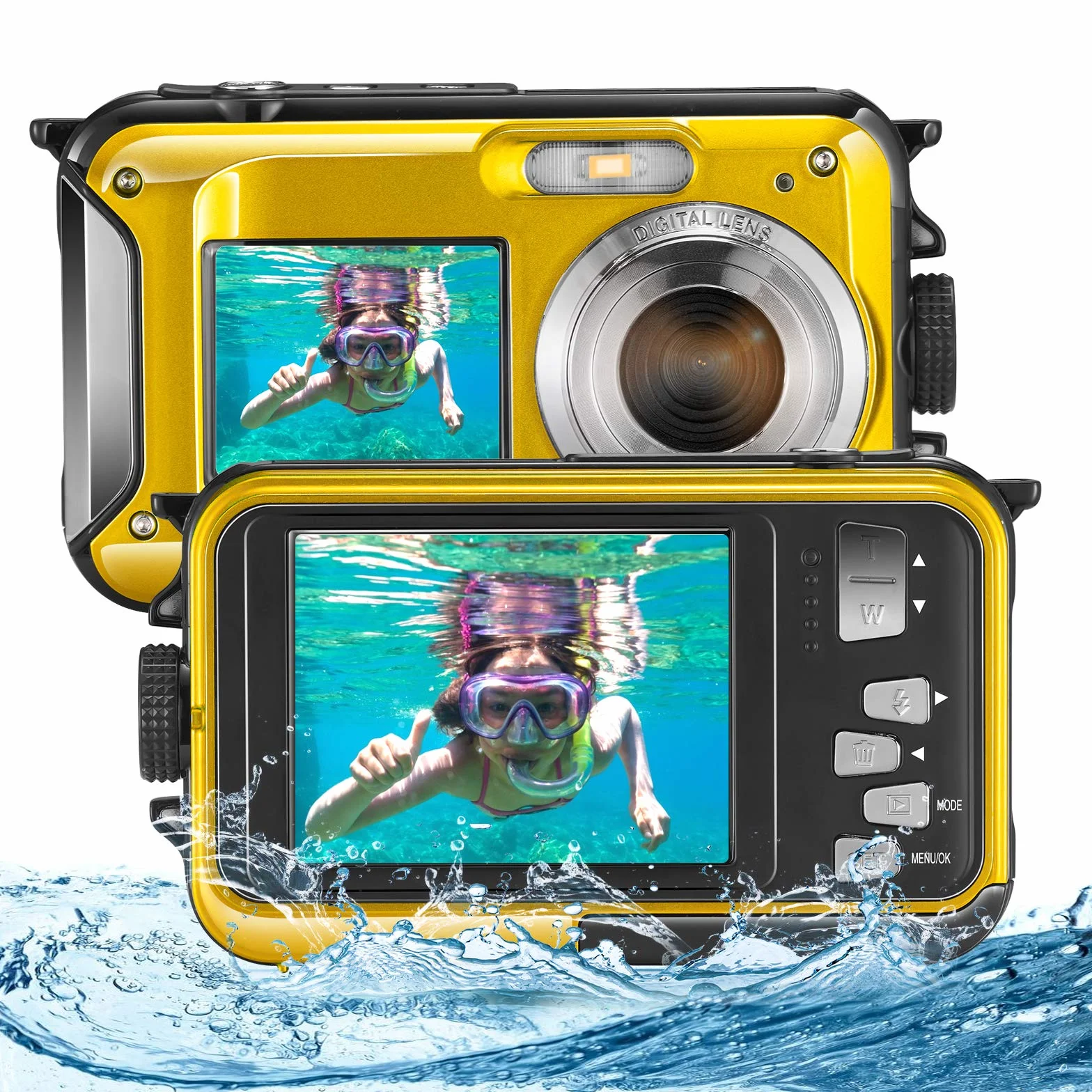 Aomdom Macchina Fotografica Subacquea, Full HD 2.7K 24MP Fotocamera Subacquea Digitale Zoom Digitale 16X Macchina Fotografica Subacquea Bambini Doppio Schermo giallo