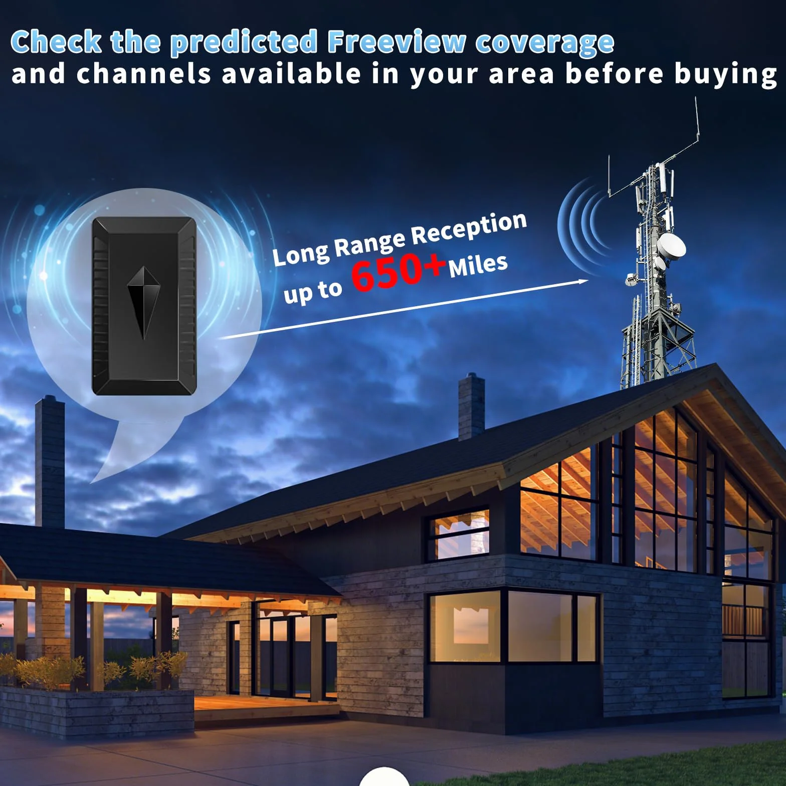 Antenna TV Interna Amplificata Potente e Portatile,650KM+ Antenna Digitale Terrestre da Interno/Esterna Amplificata Potente Supporto 4K 1080p DVB-T/DVB-T2 VHF UHF, Cavo Coassiale 10M