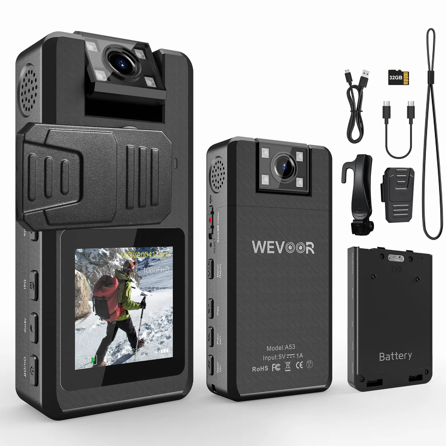 Body Cam 1296P 32G 20H Polizia Telecamera Videocamere Montate Sul Corpo Indossabile, Obiettivo Girevole a 180°, 2x2310mAh Batteria, Wevoor Bodycamera Portatile con Clip e Visione Notturna per Esterni