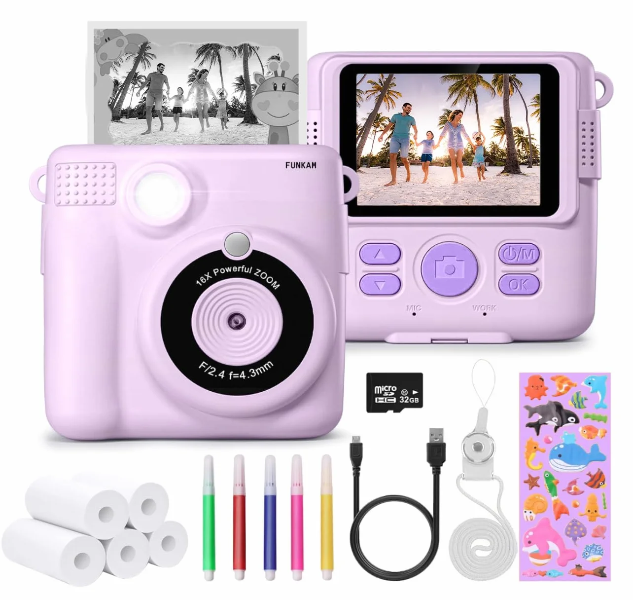 Macchina Fotografica Bambini Istantanea, 2,4" HD 1080P con scheda SD 32GB, 5 pennarelli, adesivi, 5 rotoli di carta, ciondolo. Fotocamera Bambini e ragazze dai 3 ai 14 anni. (Viola)
