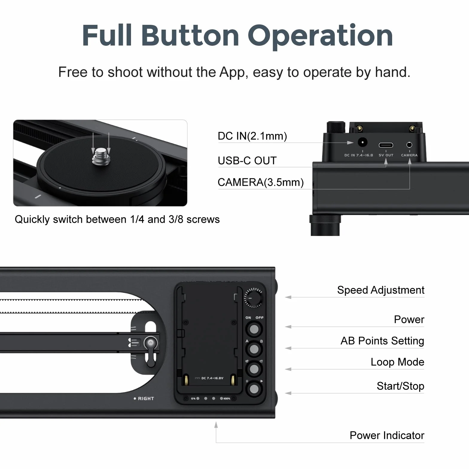 Accsoon Toprig S40 Slider per Fotocamera Motorizzato 15,7"/40cm, lega di alluminio Tramite Pulsante o Controllo APP Bluetooth, Time Lapse, Focus Shot, Panoramica a 120°, per Fotocamera, DSLR, etc.