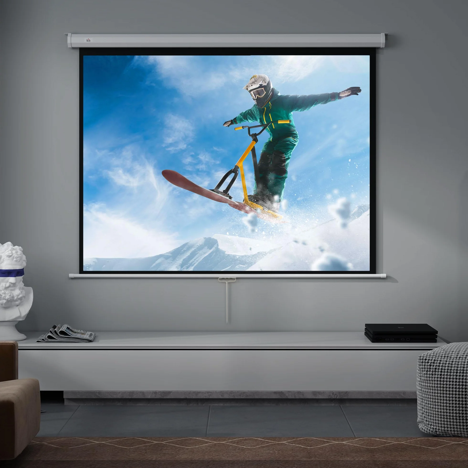 HOMCOM Telo Proiettore da 84 Pollici 4K HD Formato 4:3, Altezza Regolabile Manuale, Schermo Proiettore da Parete Soffitto, Grandangolo 160°, Telo Videoproiettore per Casa Home Cinema Ufficio, Bianco