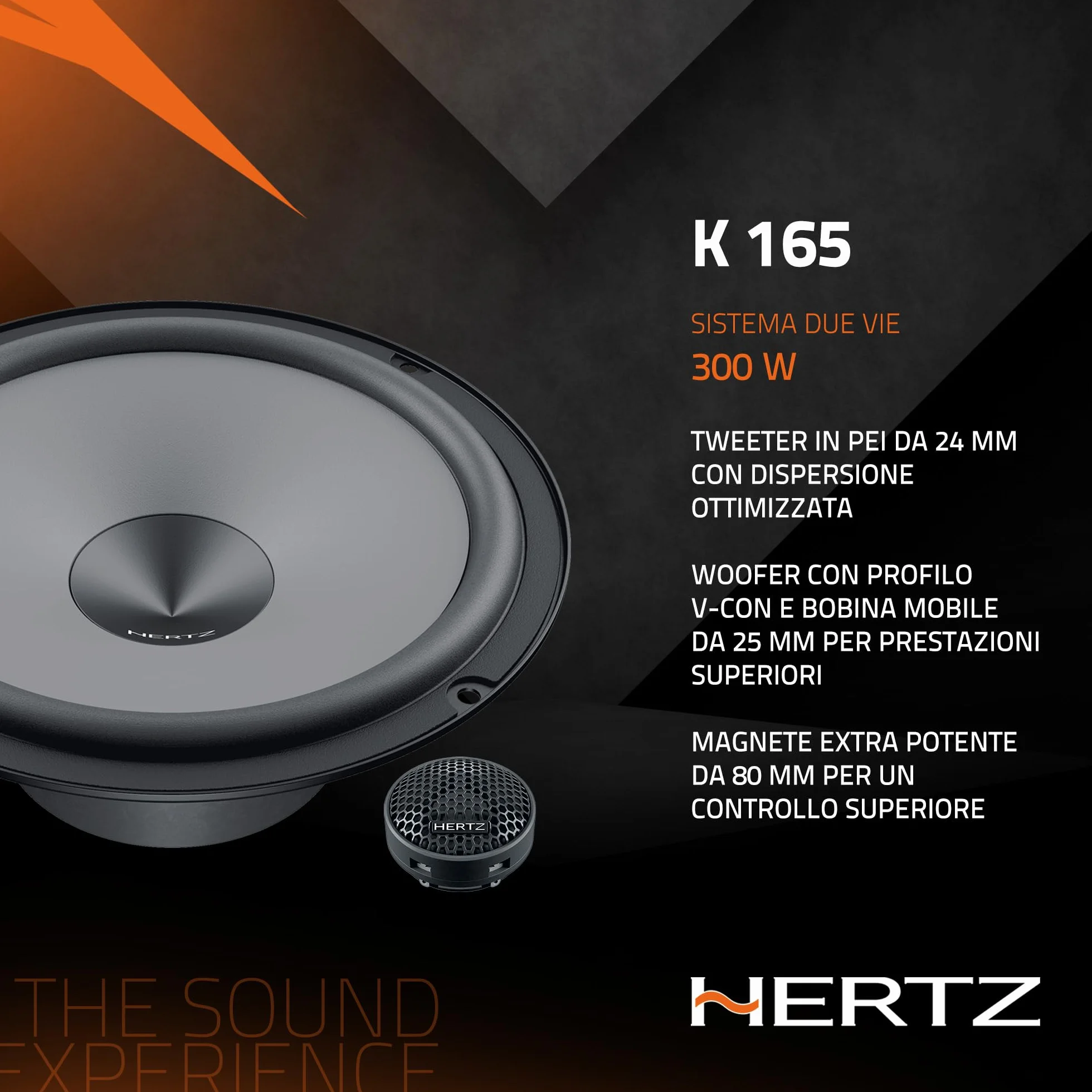 Hertz K 165 – Kit Altoparlanti 2 Vie Serie Uno con Woofer da 165 mm, Tweeter da 24 mm e Crossover Integrato, 300W Peak, 4 Ohm
