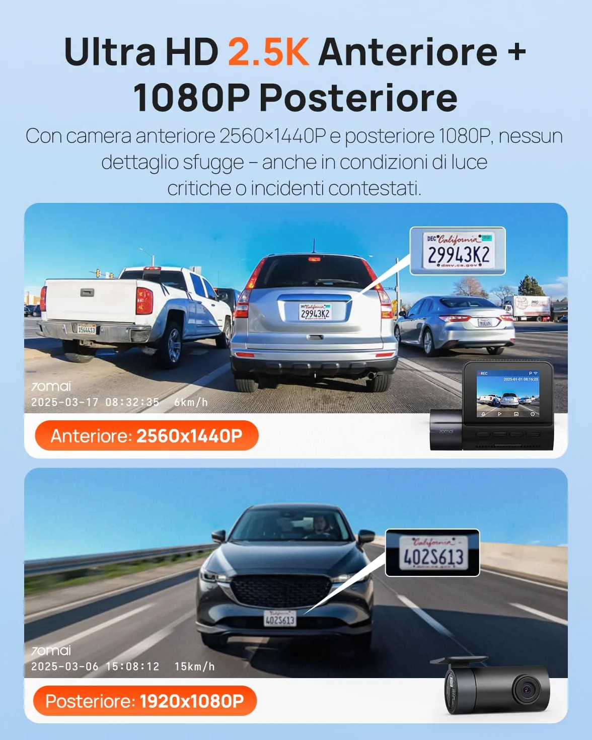 70mai Dash Cam Anteriore e Posteriore A410, Doppia Dashcam 2.5K+1080P HDR, Visione Notturna Super, Apertura F1.55, Modalità Parcheggio 24H, WiFi GPS, G- Sensor, Registrazione in Loop, Include 64GB SD