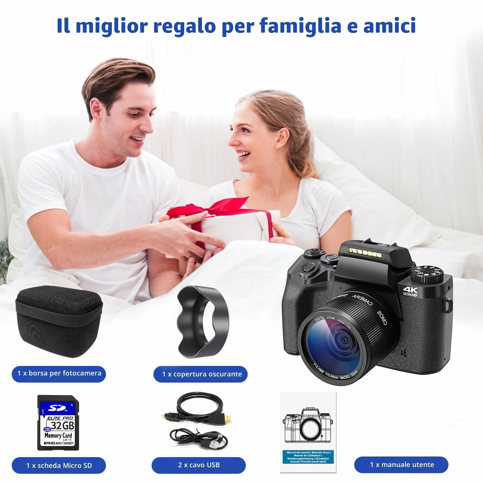 Fotocamera digitale 4K, CCN 64MP Fotocamera con schermo touchscreen da 3,0", fotocamera compatta con zoom digitale 16X e funzione WiFi, con cappuccio per borsa fotografica, scheda TF da 32 GB, nero