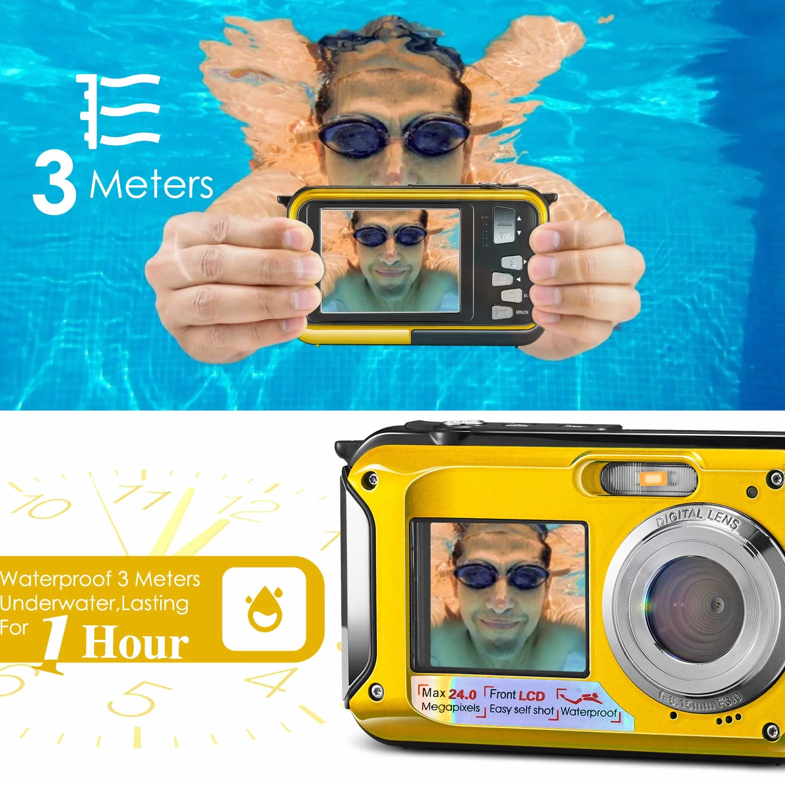 Aomdom Macchina Fotografica Subacquea, Full HD 2.7K 24MP Fotocamera Subacquea Digitale Zoom Digitale 16X Macchina Fotografica Subacquea Bambini Doppio Schermo giallo