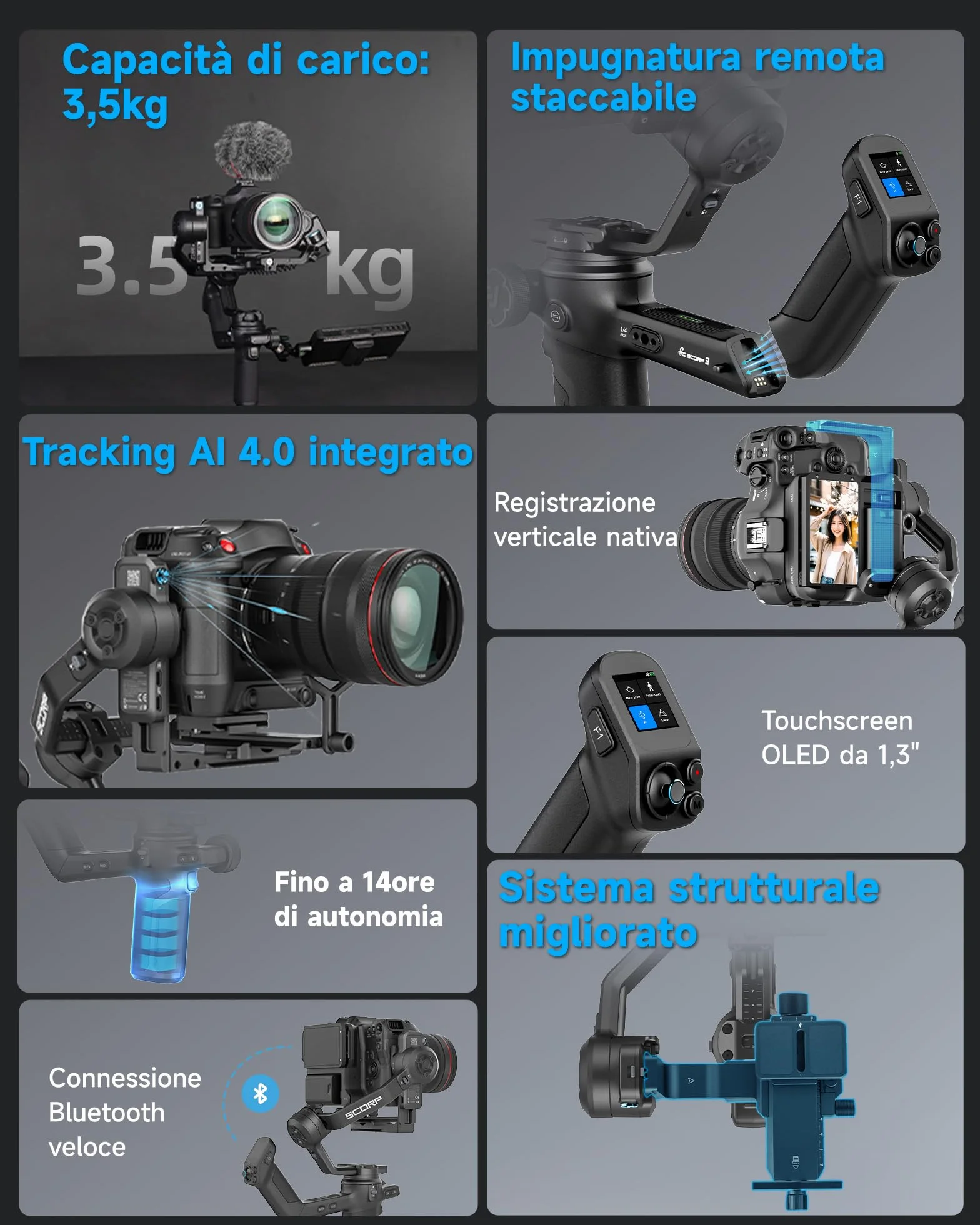 Feiyutech SCORP 3 [UFFICIALE] Stabilizzatore Gimbal per Fotocamera con Tracking AI 4.0 Integrato,Carico Utile di 3,5 kg,Impugnatura Rimovibile con Controllo Wireless a 12m,Riprese Verticali Native