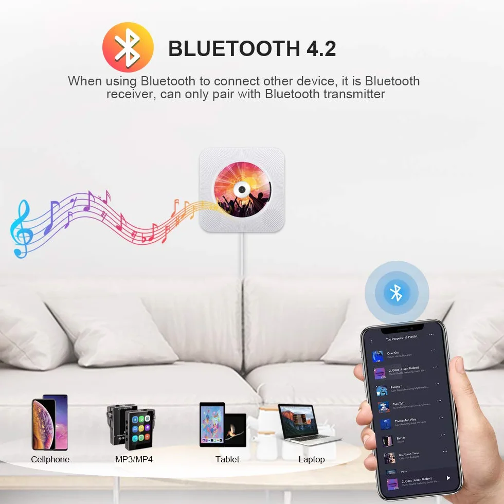 Lettore CD Portatile Qoosea Lettore Musicale Montabile a Parete Altoparlanti HiFi Bluetooth Integrati con Telecomando Radio FM Ingresso 3,5 mm AUX con Interruttore a Tirante