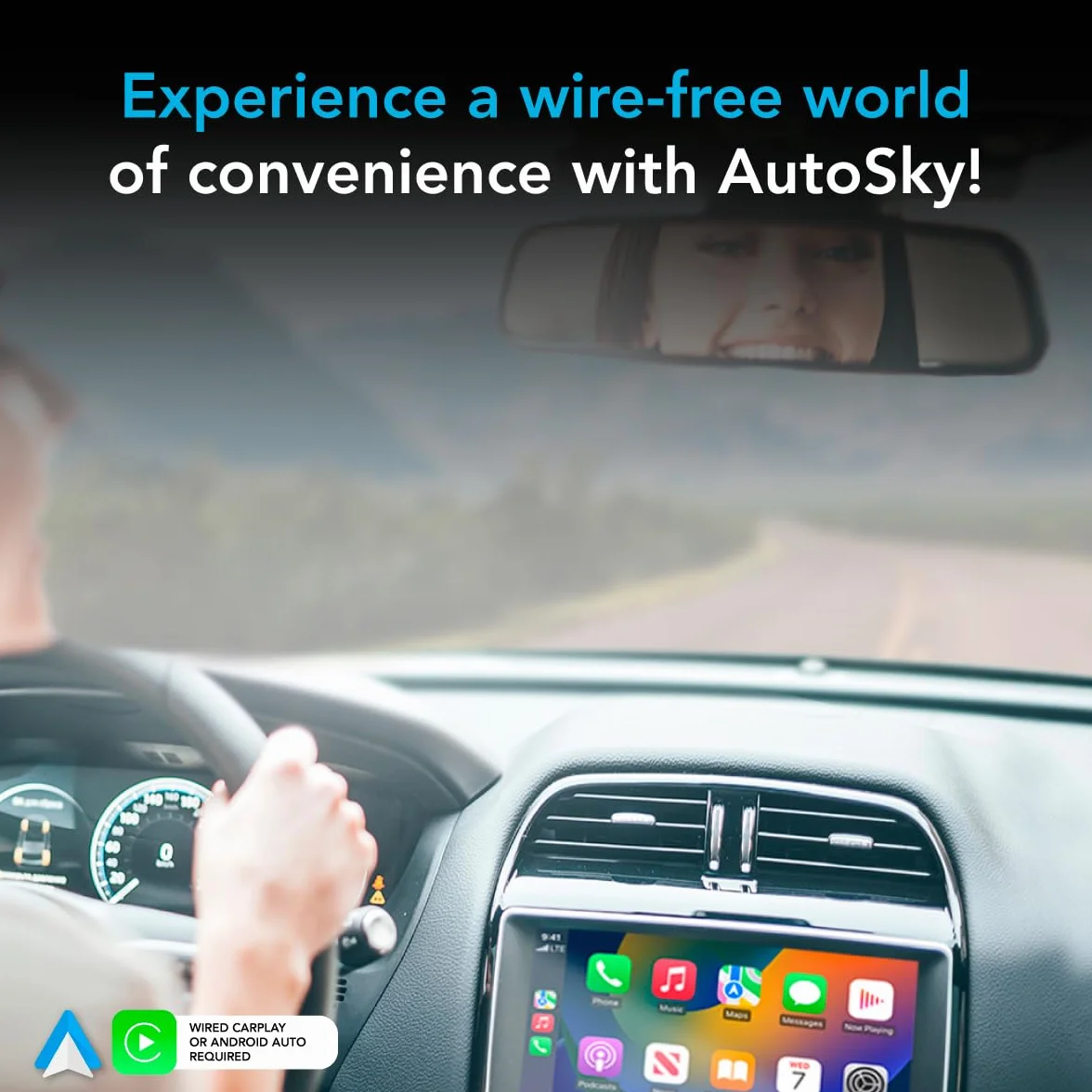AutoSky Adattatore Wireless CarPlay e Android Auto 2-in-1, Dongle USB Pro Convertitore Cablato in Wireless, WiFi 5GHz, Plug & Play per Auto dal 2016, Design Nero Lucido Compatto, No Lag