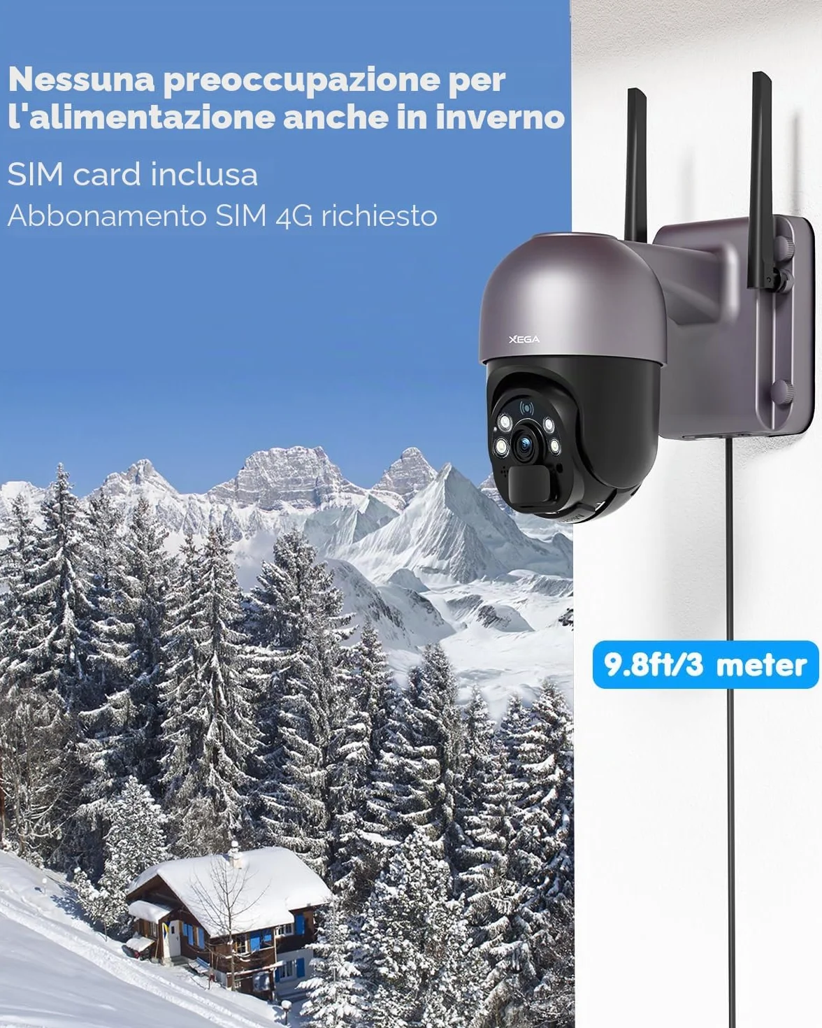 Xega Telecamera con SIM 4G da Esterno【20W Pannello Solare】 20.000mAh Batteria Registrazione Continua 24/7 2K 4G SIM Scheda Telecamere Senza Fili,Visione Notturna, Rilevamento del Movimento(Senza WiFi)