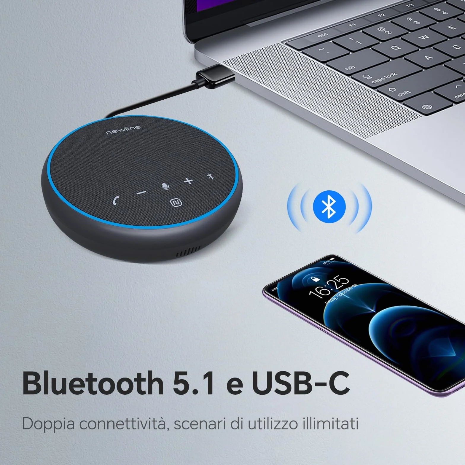 Altoparlante per Conferenze Microfono Bluetooth USB per Pc, cancellazione del rumore, ripresa vocale a 360°43 ore di standby, compatibile con Zoom, Teams, Skype, Home Office