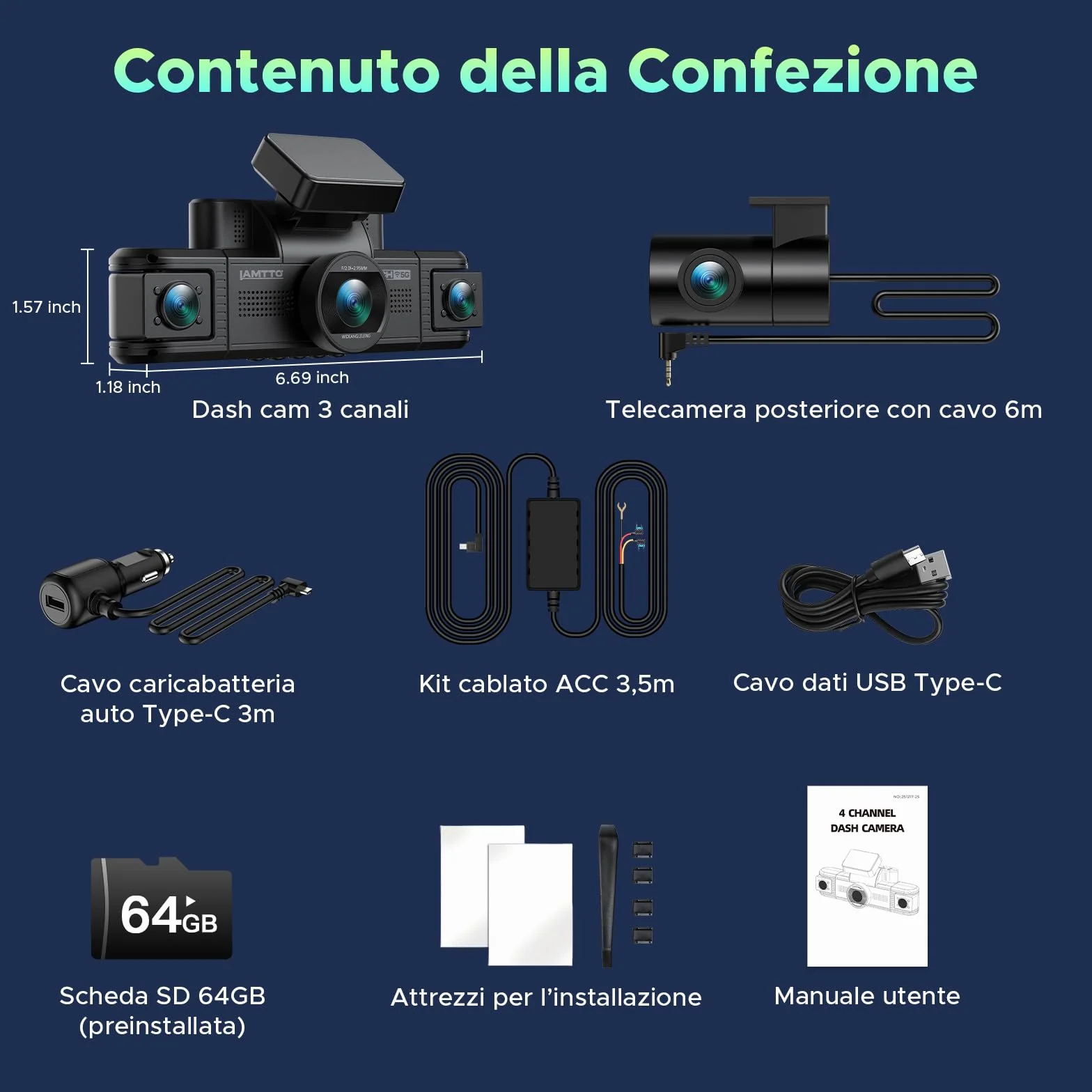 LAMTTO Dash Cam Auto 4 Canali 360°, Telecamera Auto 2K Anteriore + 1080P Posteriore, Interno e Laterali, WiFi 5GHz, Visione Notturna IR, G-Sensor, Dashcam con Kit Hardwire e Scheda 64GB Inclusa