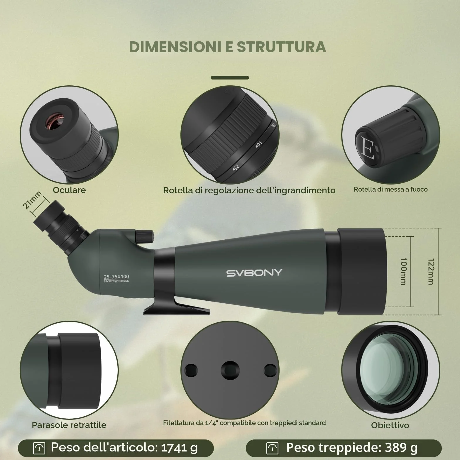 Svbony SV28 25-75x100mm Cannocchiale con Treppiede, Ampio Campo Visivo Immagini Luminose e Chiare, HD Bak4 FMC Telescopio Spotting Scope con Adattatore, per Tiro Bersaglio Osservazione degli Uccelli
