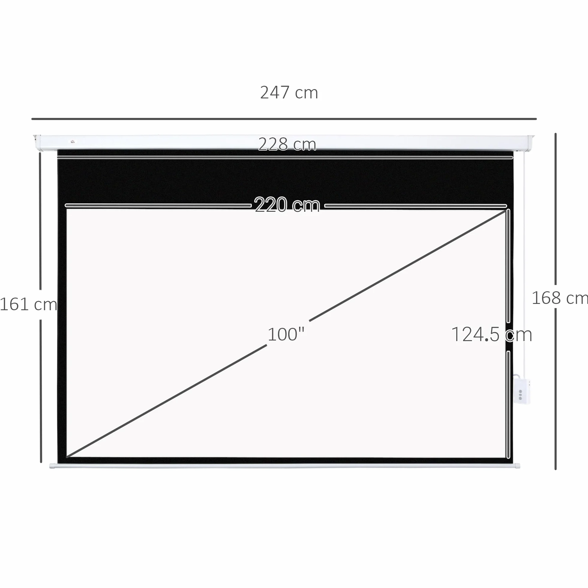 HOMCOM Telo Proiettore Motorizzato da 100 Pollici 4K HD Formato 16:9, Schermo Proiettore Motorizzato Elettrico con Telecomando, per Casa, Cinema, Ufficio, Home, Esterno, 247x7.5x168 cm, Bianco