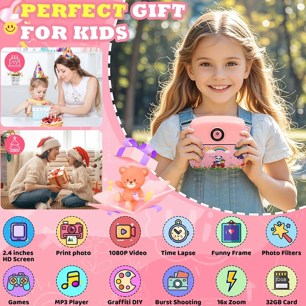 CNAPXAIA Macchina Fotografica Bambini Istantanea, 2,4" 1080P Fotocamera Digitale Bambini con 32 GB Scheda e 3 Rotoli di Carta da Stampa, Rosa