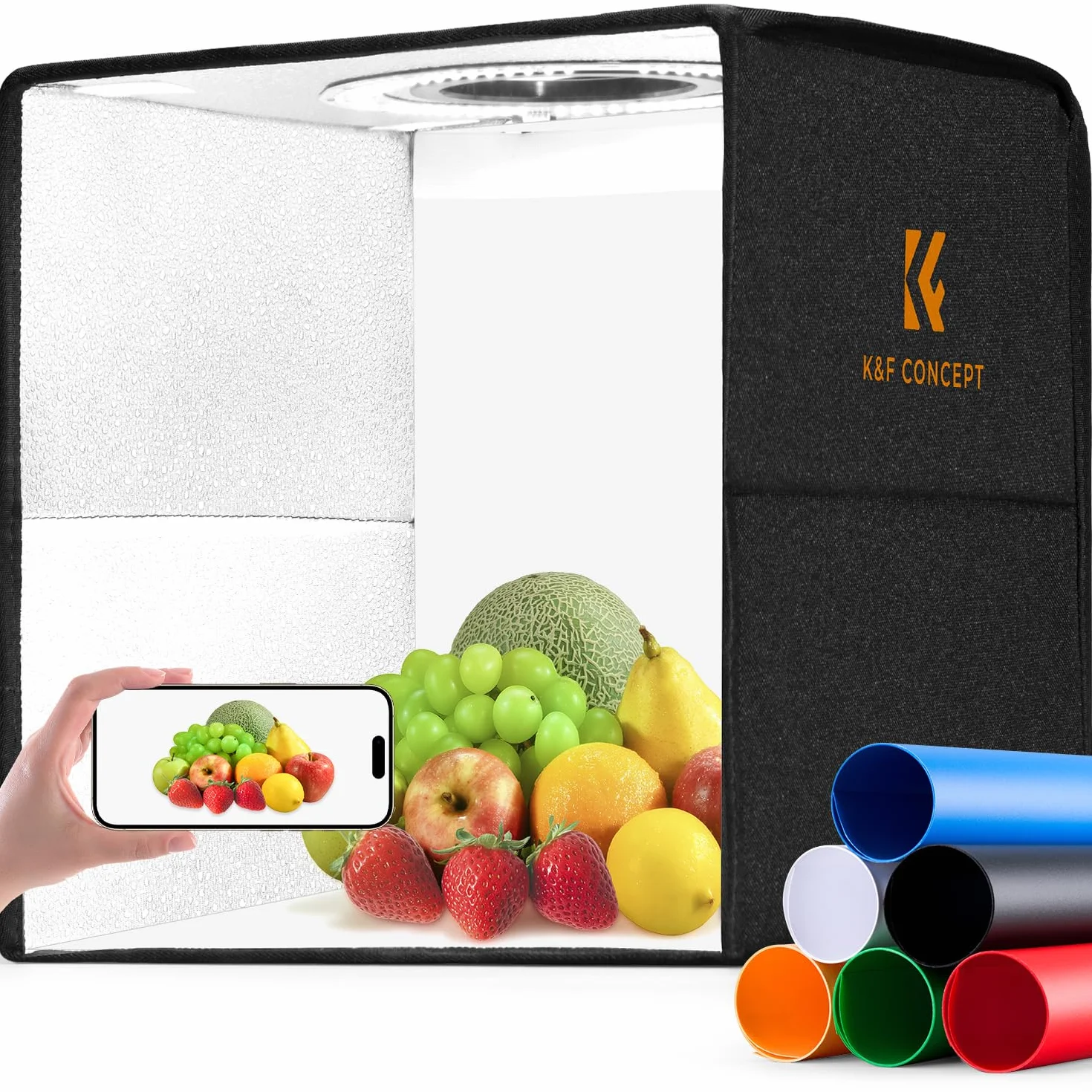 K&F CONCEPT Set Studio Fotografico Pieghevole 40x40 cm, Mini Light Box Dimmerabile 5500K con Illuminazione e 6 Sfondi PVC per Gioielli, Alimentazione USB 5V/2A