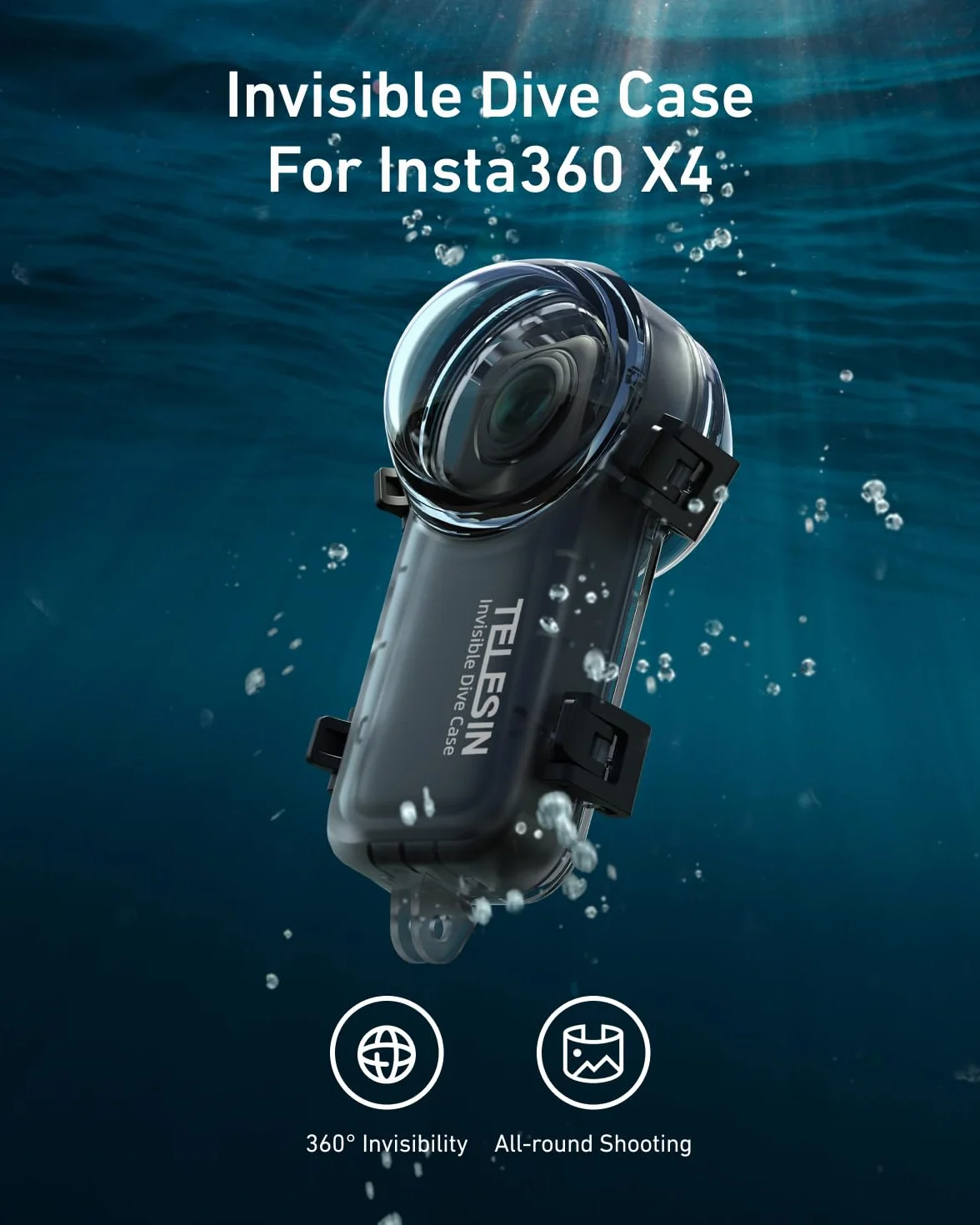 TELESIN Custodia impermeabile per Insta360 X4, Custodia subacquea fino a 50m/164ft, custodia subacquea protettiva per accessori per fotocamera Insta 360 X4, riprese subacquee versatili