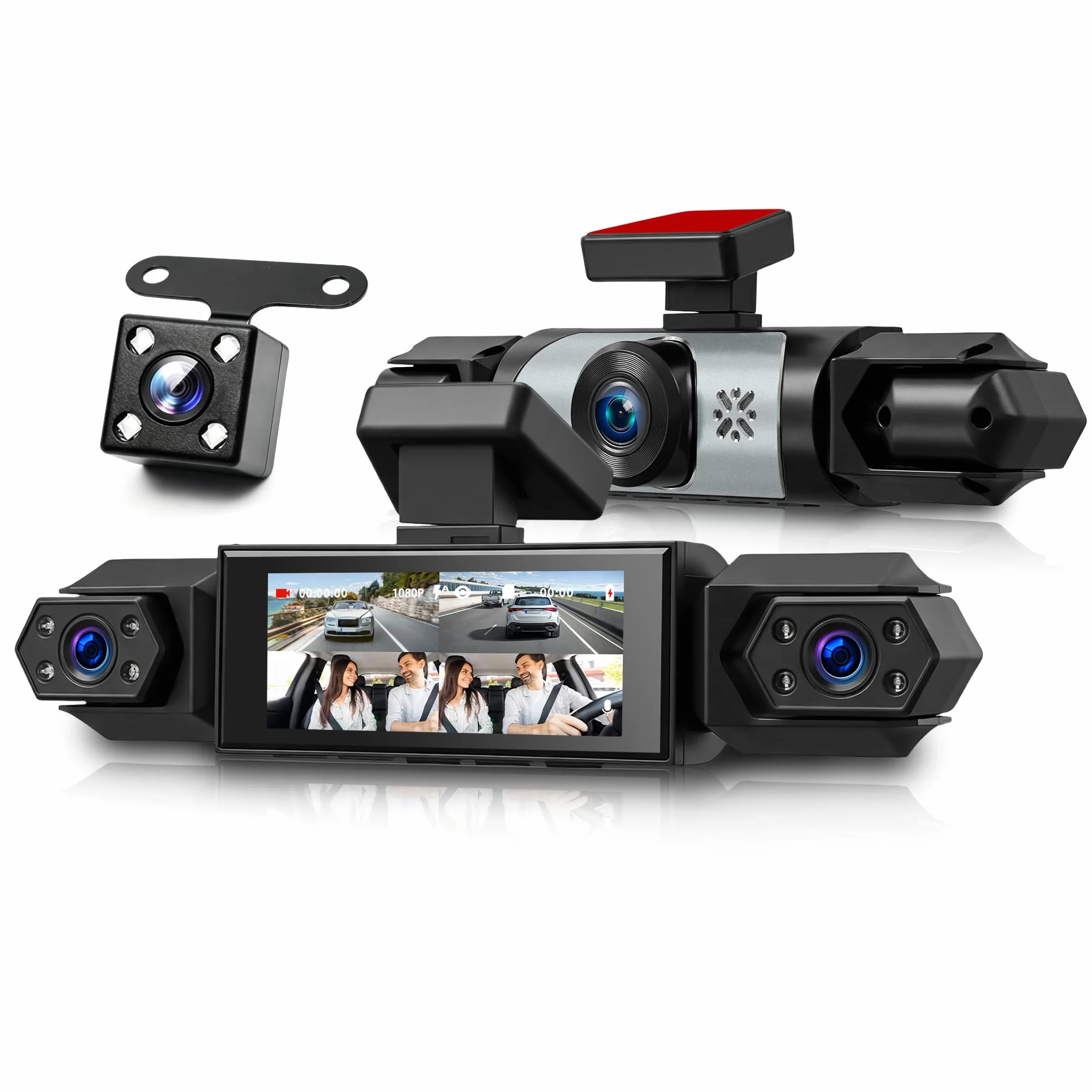 Rimoody 4 Canali 360° Dashcam Auto, 4 Telecamera HD 1080P Anteriore e Posteriore Sinistra Destra, 3.16 Pollici Schermo IPS Dash Cam con Visione Notturna 8 IR/Loop Video/24H Parcheggio Monitor
