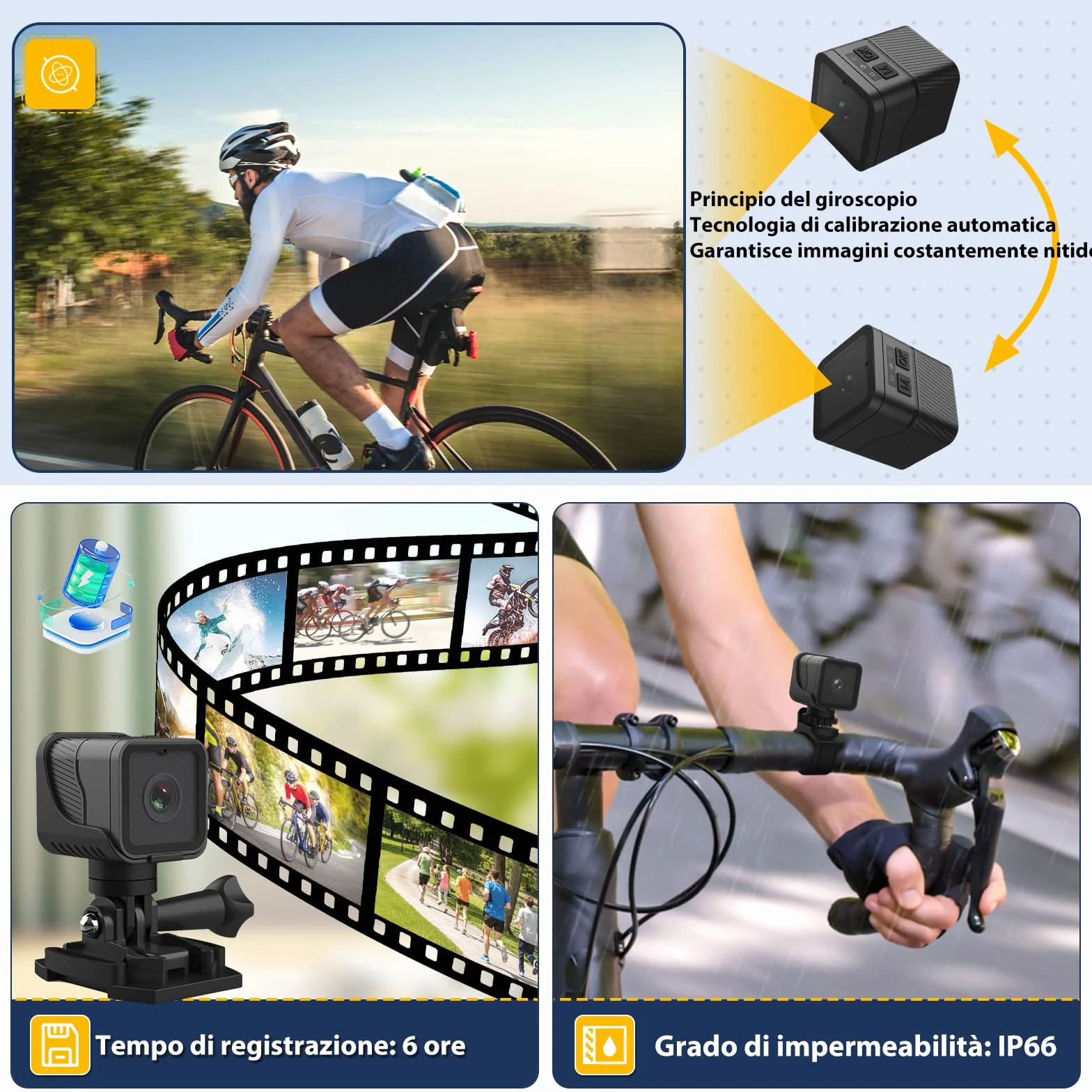 AIKER Dash Cam Moto Mini WiFi Action Cam IP66 1080PHD 120° Regolazione Automatica 64GB