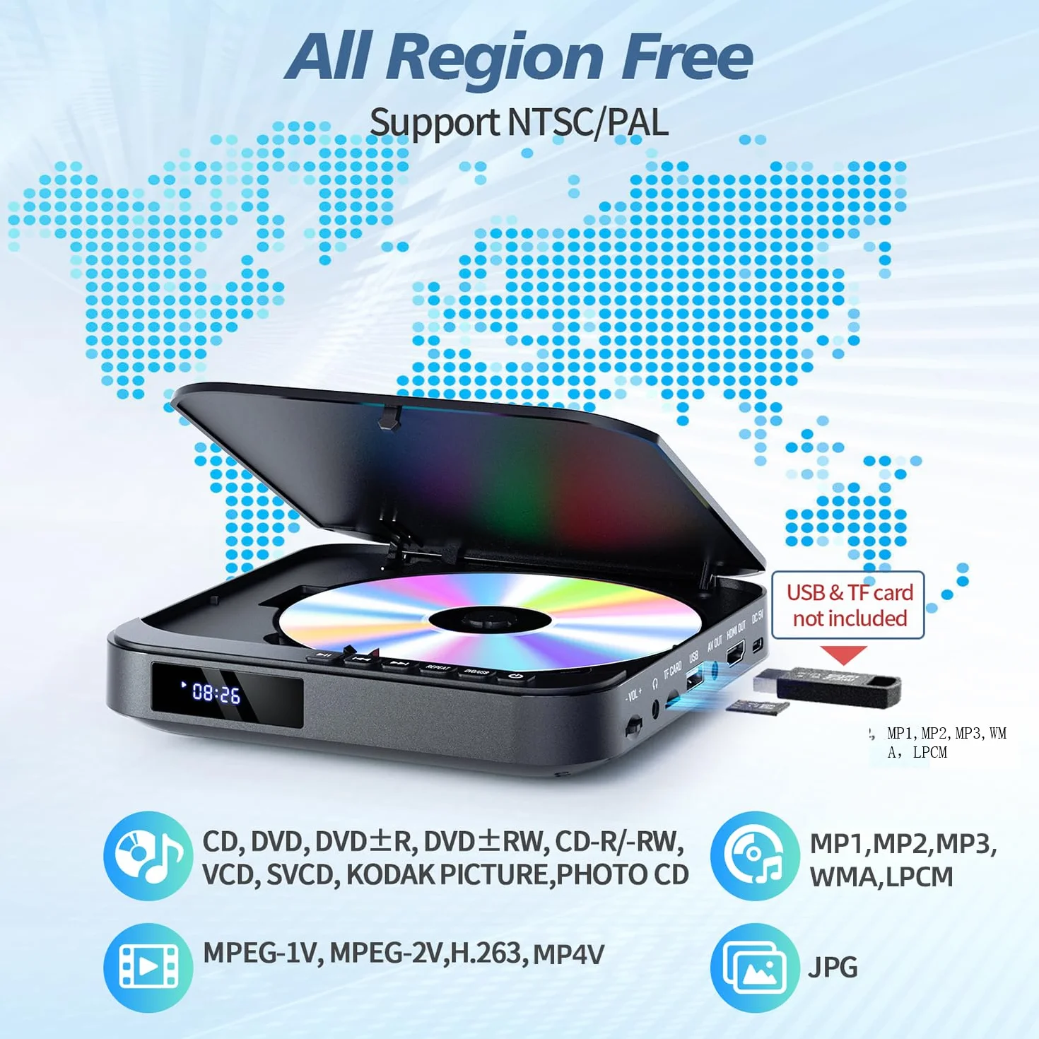DESOBRY Mini lettore DVD per TV HD 1080P HDMI con tutte le regioni Uscita AV Ingresso scheda USB/TF Telecomando Lettore DVD Supporto PAL/NTSC