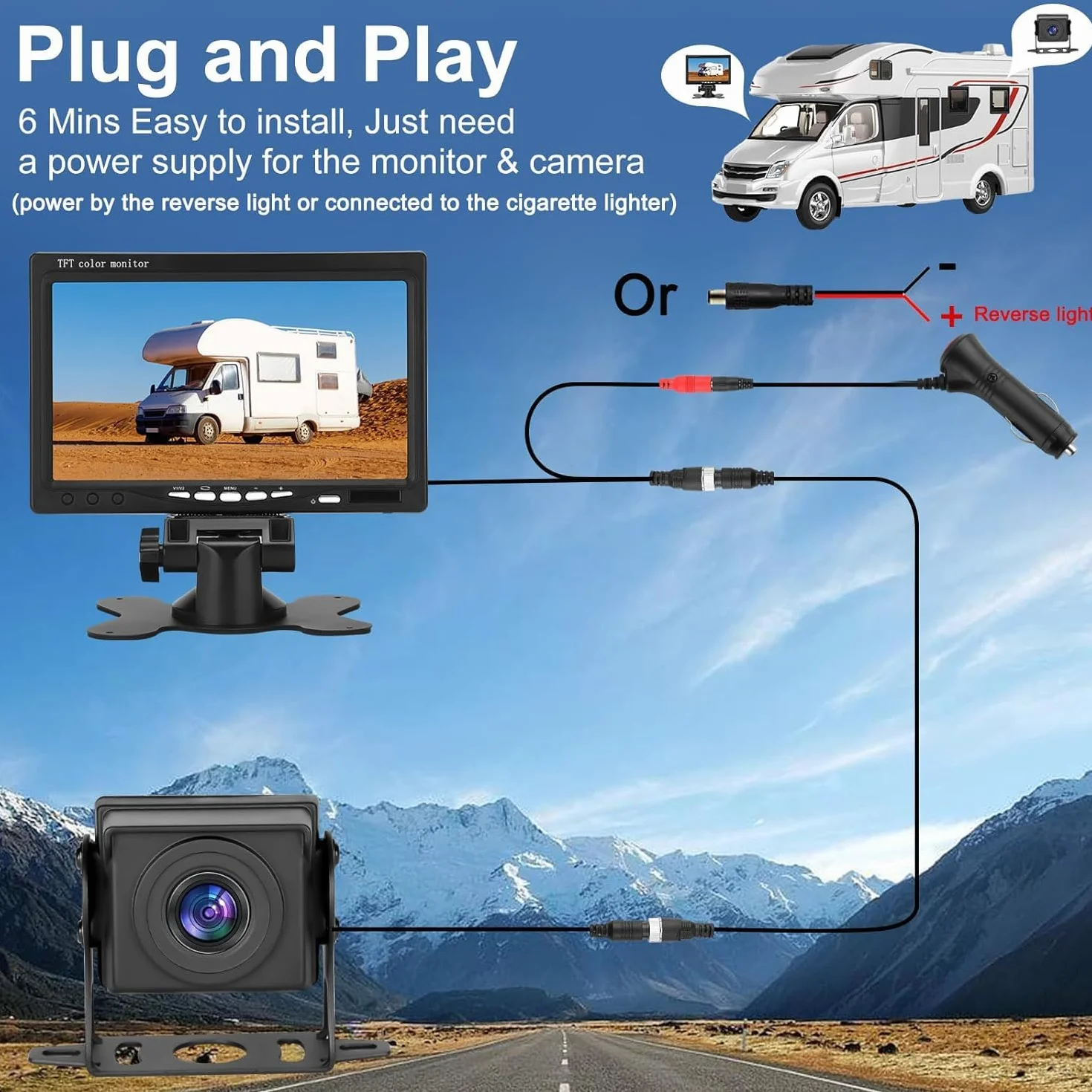 Set di telecamera per retromarcia con monitor HD LCD da 7 pollici e telecamera posteriore grandangolare da 170°, impermeabile IP69, per camion, rimorchi, bus, furgoni.