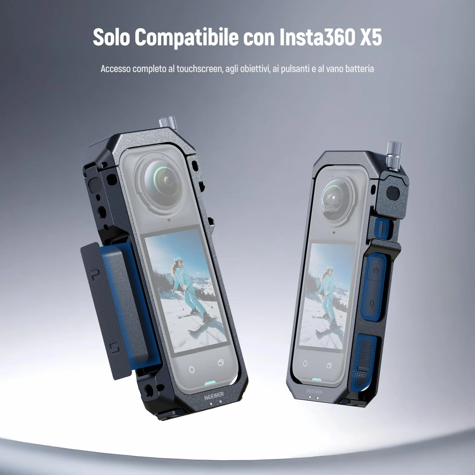 NEEWER Gabbia Fotografica per Insta360 X5, Custodia Protettiva, Telaio Lega Alluminio per Video Rig con Sgancio Rapido, Adattatore Montaggio, Filettature 1/4", Paraluce, Accessori per Action Camera