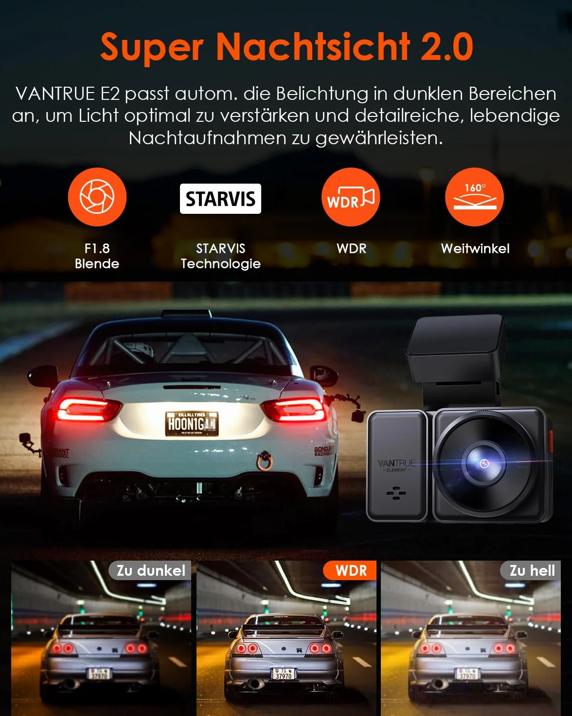 VANTRUE E2 2.7K+2.7K Dash Cam, 5GHz WiFi GPS Doppia 1944P Telecamera Per Auto, Dashcam Controllo senza Fili e Vocale, 24h. Modalità di Parcheggio Tampone, Visione Notturna WDR 2,45" 160 Gradi Max 512G
