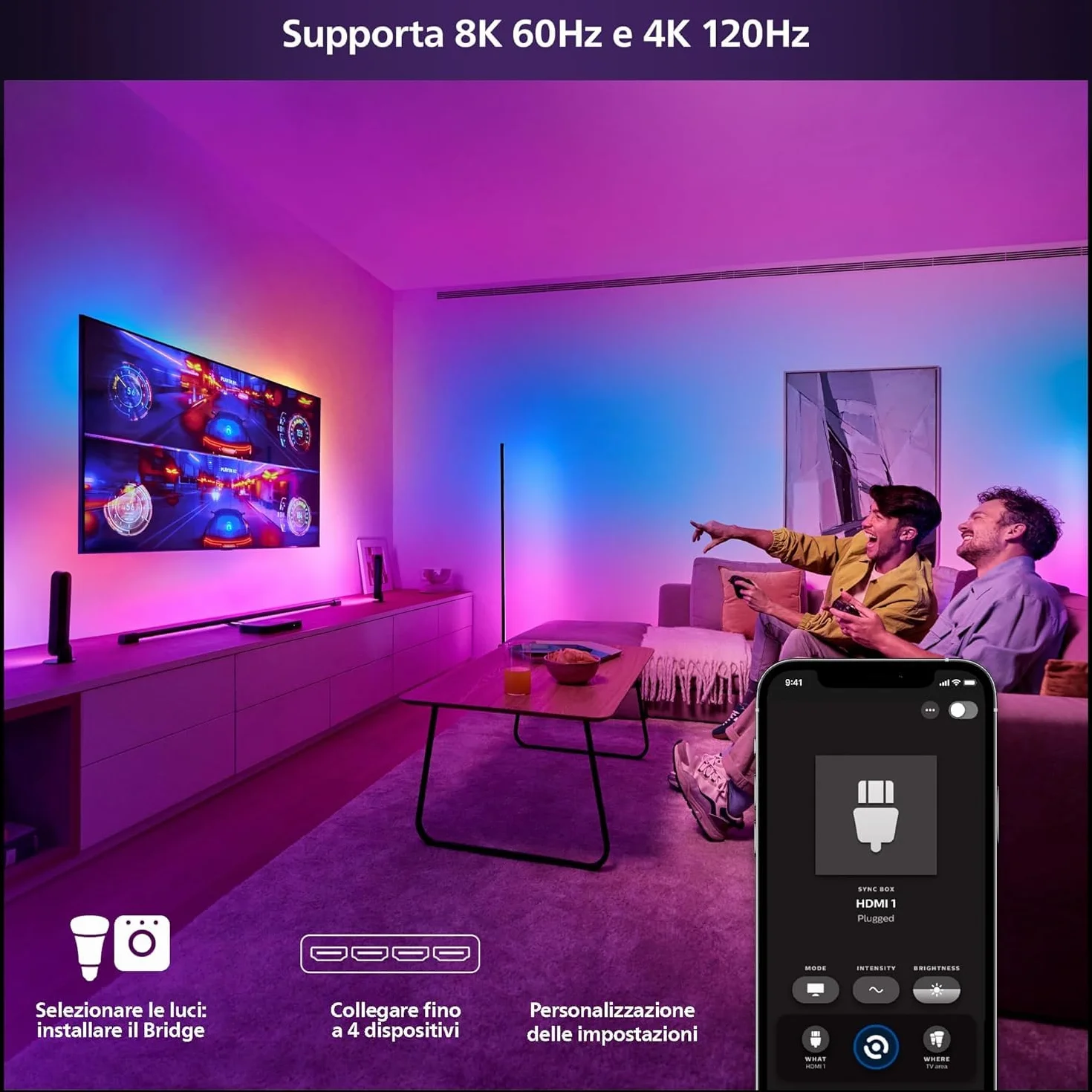 Philips Hue Play HDMI Sync Box 8K - Smart hub che sincronizza fino a 10 luci Hue - Hub luci che richiede Hue Bridge - Supporta Dolby Vision HDR10+ - Controllo con app Hue per luci smart