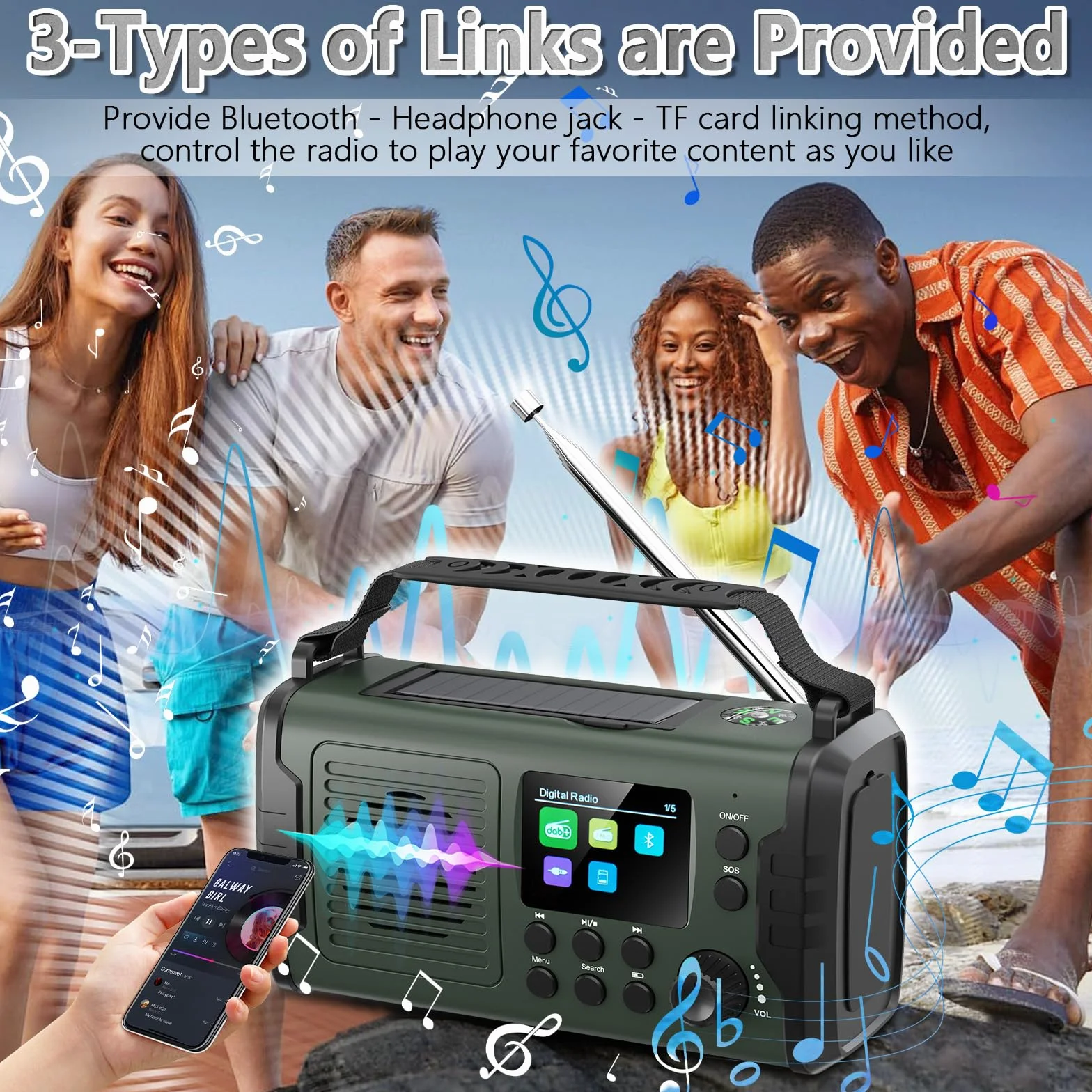 20000mAh Radio Solare a Manovella con Bluetooth DAB/FM,Torcia & Luce da Lettura,Caricatore USB per Telefono, Allarme SOS,Scheda TF,Jack per Cuffie,Radio Portatile per Emergenze da Campeggio ed Esterni