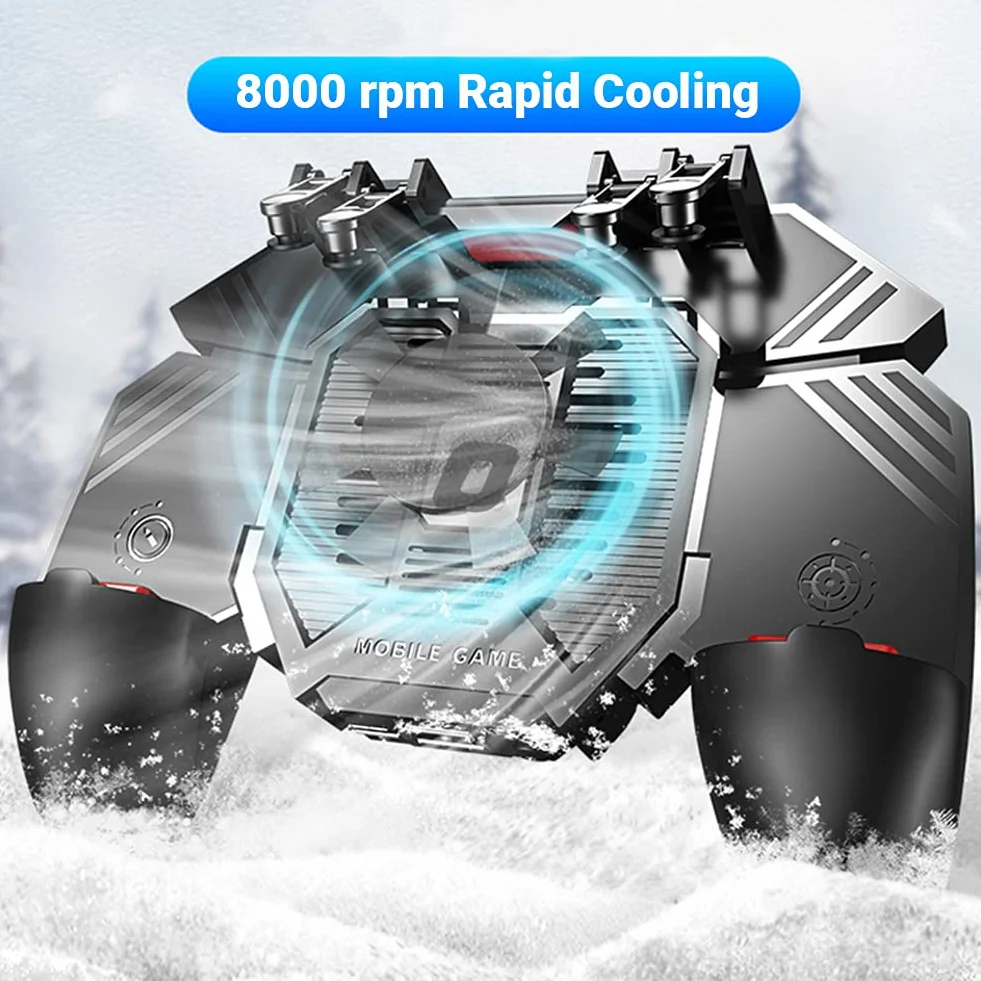Ozkak Mobile Controller con Fan Ventola Raffreddamento, Smartphone Trigger 6 Finger L1 R1 L2 R2 per PUBG COD Telefono Cellulare iPhone iOS Android Larghezza da 67 a 90 mm