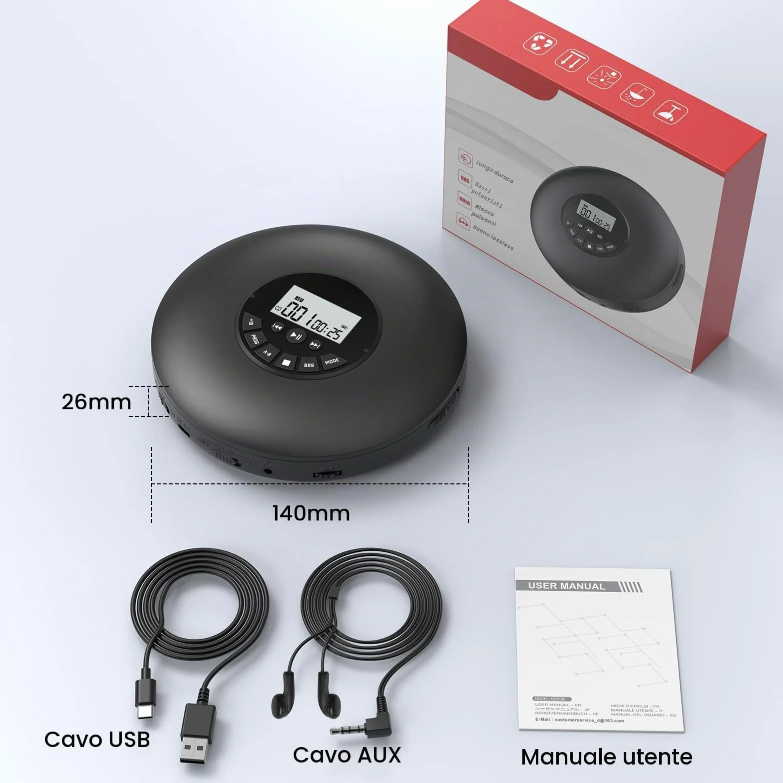 Arafuna Lettore CD portatile Compact Discman Personal Music Player Anti-Skip Protection Tracce programmabili Auricolari inclusi