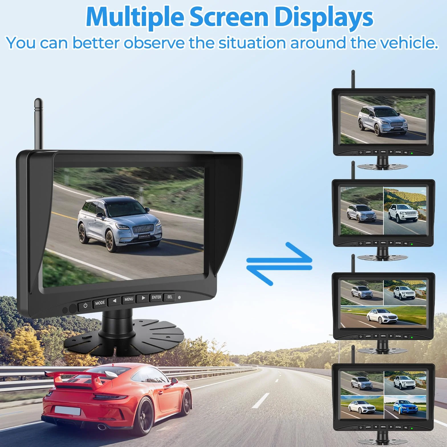 Telecamera di retromarcia senza fili solare 7" Monitor Camera Solare Kit 1080P HD Telecamera di retromarcia IR Visione Notturna IP66 Impermeabile per furgone (7'' con 1 Telecamere)