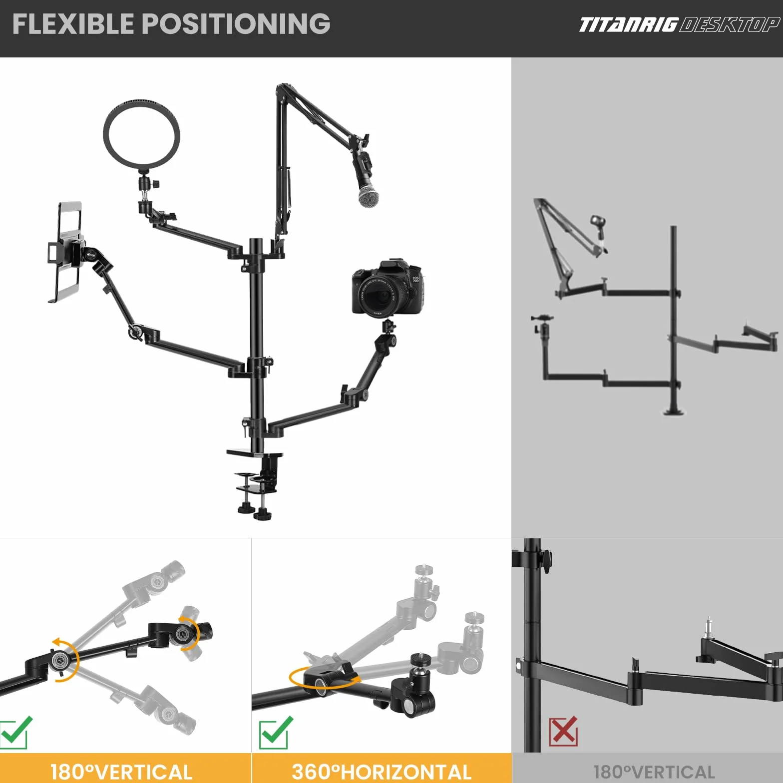 TARION Supporto Fotocamera da Tavolo con Braccio: Supporto DSLR Morsetto Flessibile da Tavolo con Bracci Snodato per Anello Luminoso Microfono Fotografia Video Streaming Titanrig Desktop