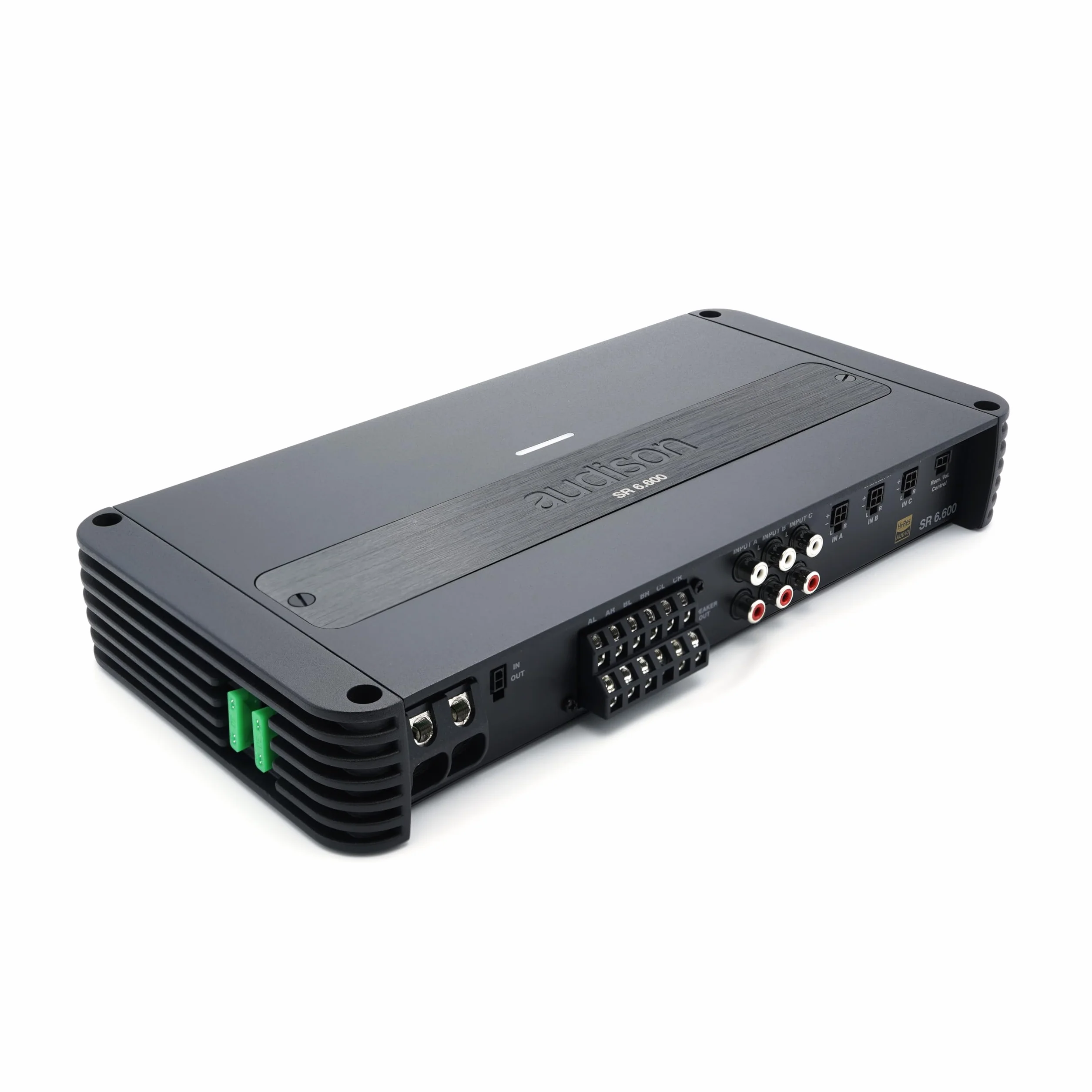 Audison SR 6.600 - Amplificatore a 6 canali in Classe D per auto, configurazione 4x140W + 2x185W su 2 ohm, ideale per sistemi attivi multivia ad alta efficienza