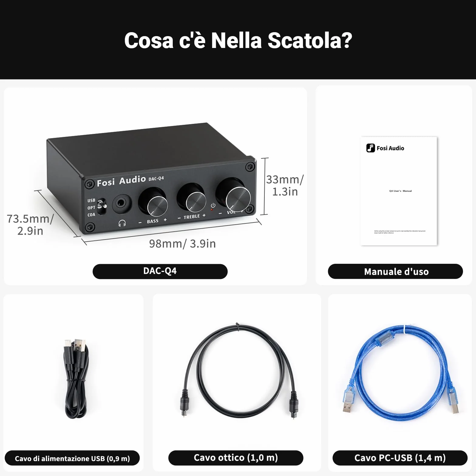 Fosi Audio Q4 DAC Amplificatore per Cuffie, Mini DAC USB C Hi-Res 32bit/768kHz, Uscita 3,5mm RCA, Ingresso Ottico Coassiale, per PC Home Theatre