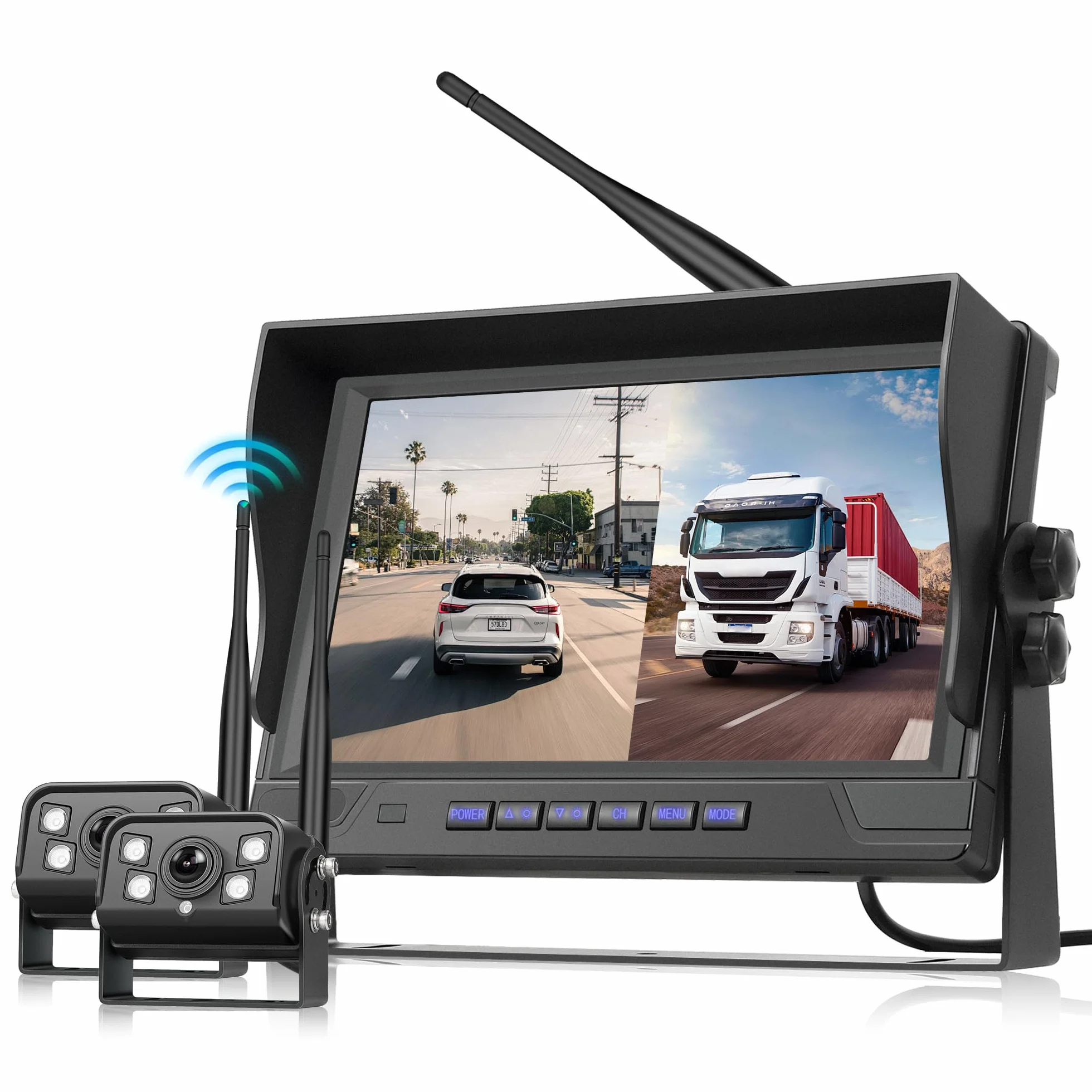 Wireless Digitale Telecamera Posteriore 2 Camera Kit con 9 Pollici IPS Monitor, Telecamera Posteriore IP68 Impermeabile, Visione Notturna, Image Flip, BSD, Loop Video, per Camion/Rimorchi/Camper/Bus
