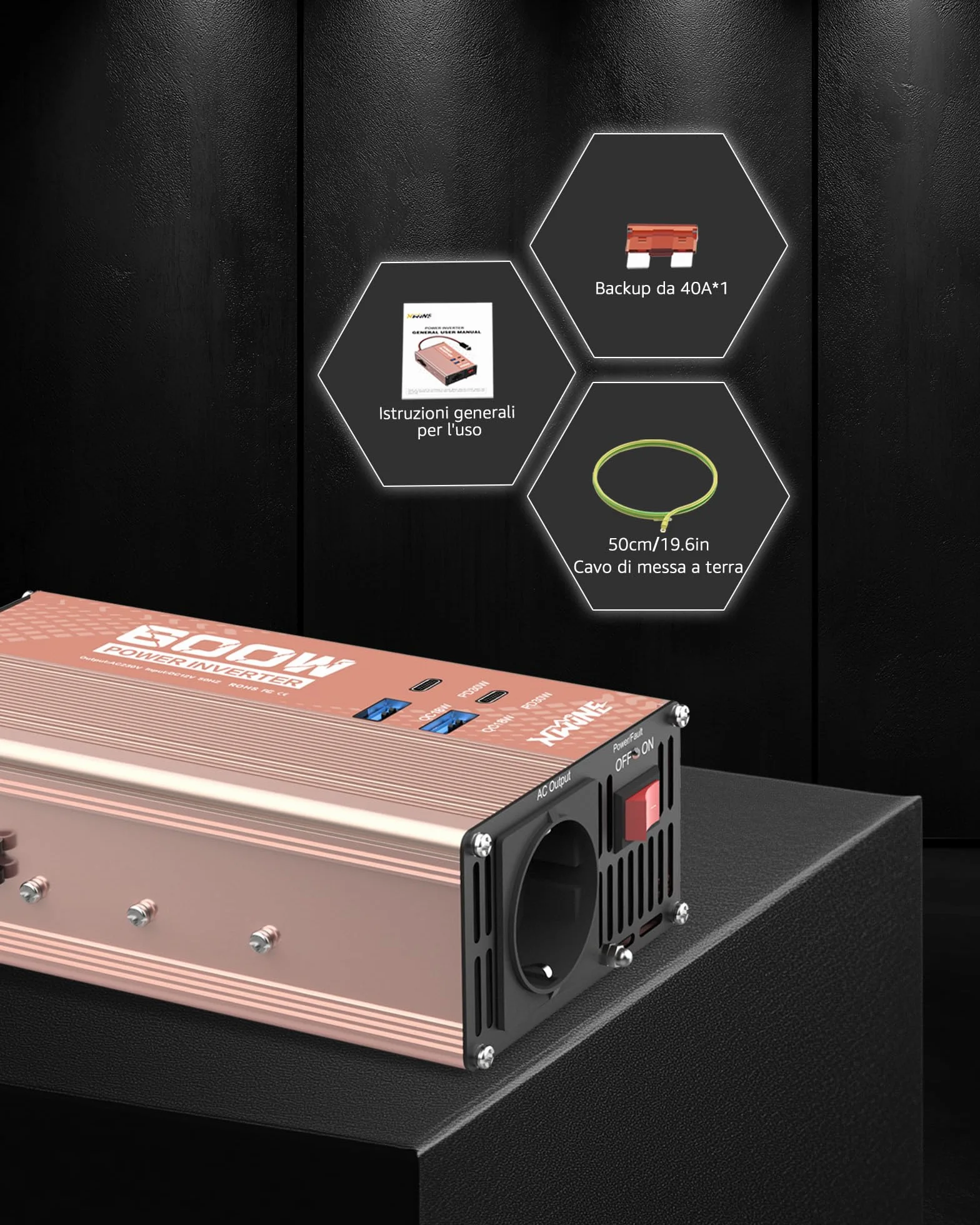 XWJNE 600W Inverter 12V 220V, Invertitore di Tensione con 1 Presa AC EU, 2 USB-A, 2 USB-C, Convertitore Onda Modificata Include Cavo Accendisigari e Pinze a Coccodrillo, per Auto, Camper, Viaggi
