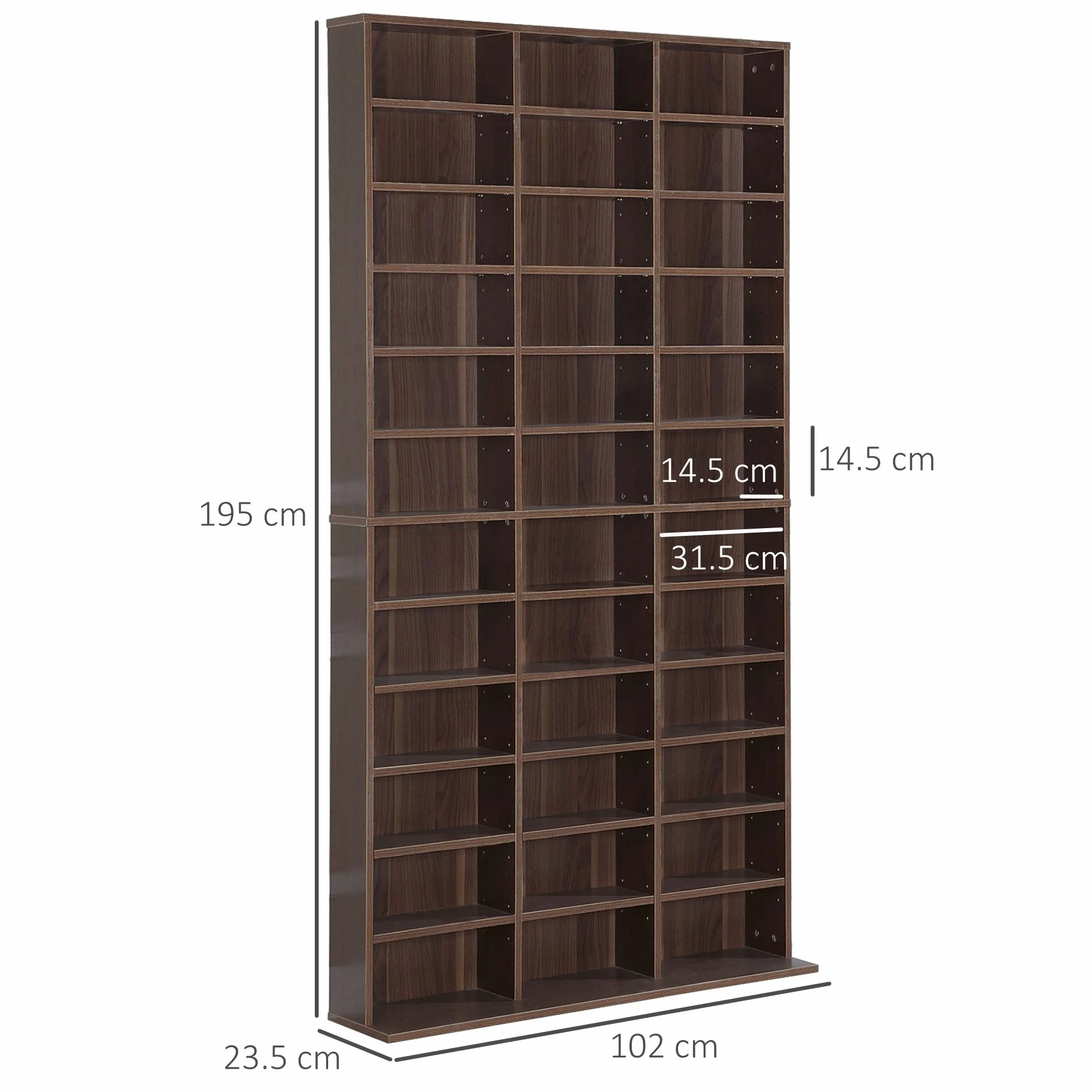 HOMCOM Mobile Porta CD con Ripiani Regolabili, Scaffale Porta 1116CD/528DVD Salvaspazio in Legno, Mobile Portacd con 36 Scomparti, per Soggiorno, Camera da Letto, Ufficio, 102x23.5x195 cm, Marrone