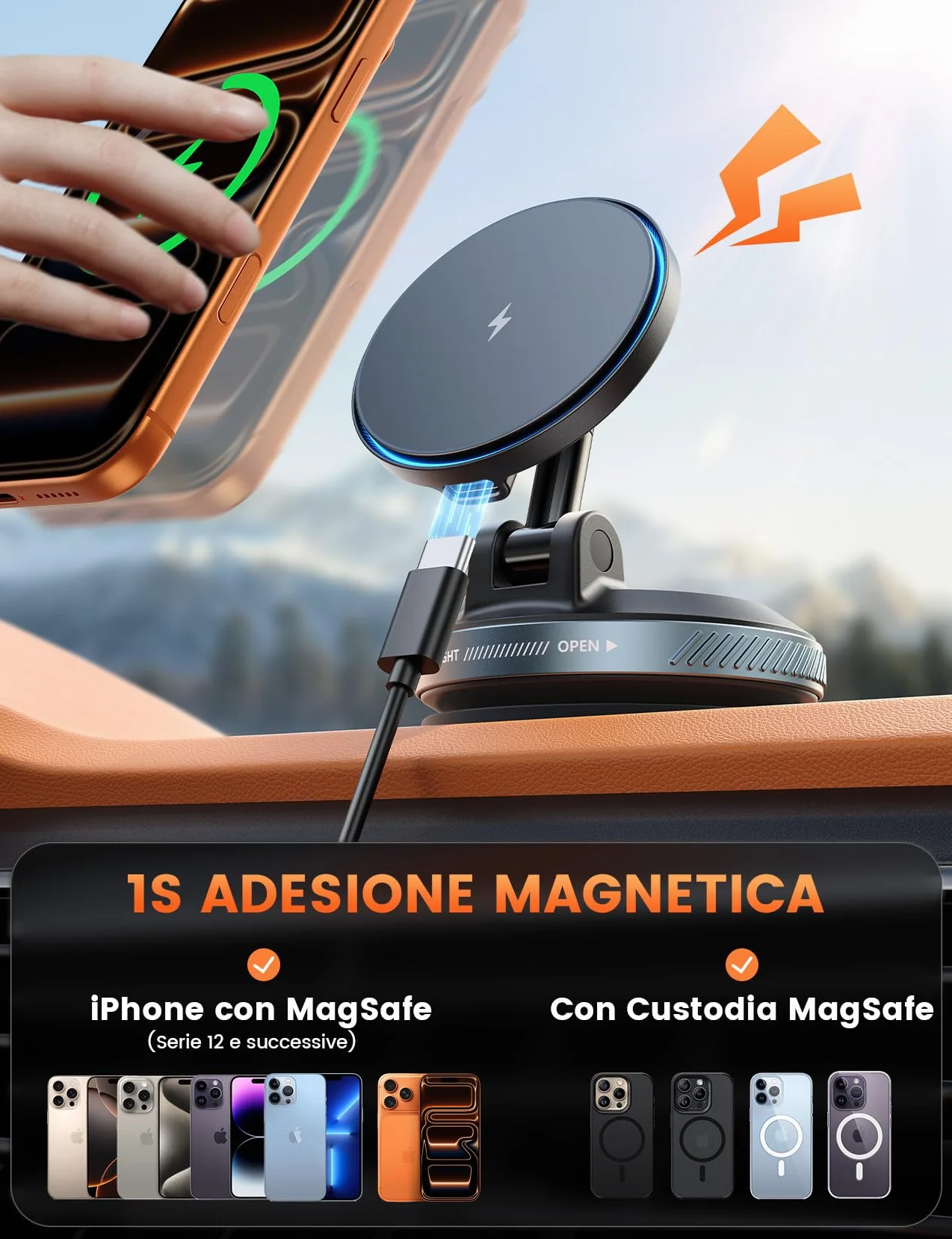 Lamicall 15W Caricatore Wireless Auto per MagSafe - [30KG Forte Aspirazione] Supporto Auto per Magsafe Ricarica con Ventosa a Vuoto, Magnete Forte, per iPhone Serie 17 16 15 14 13 12