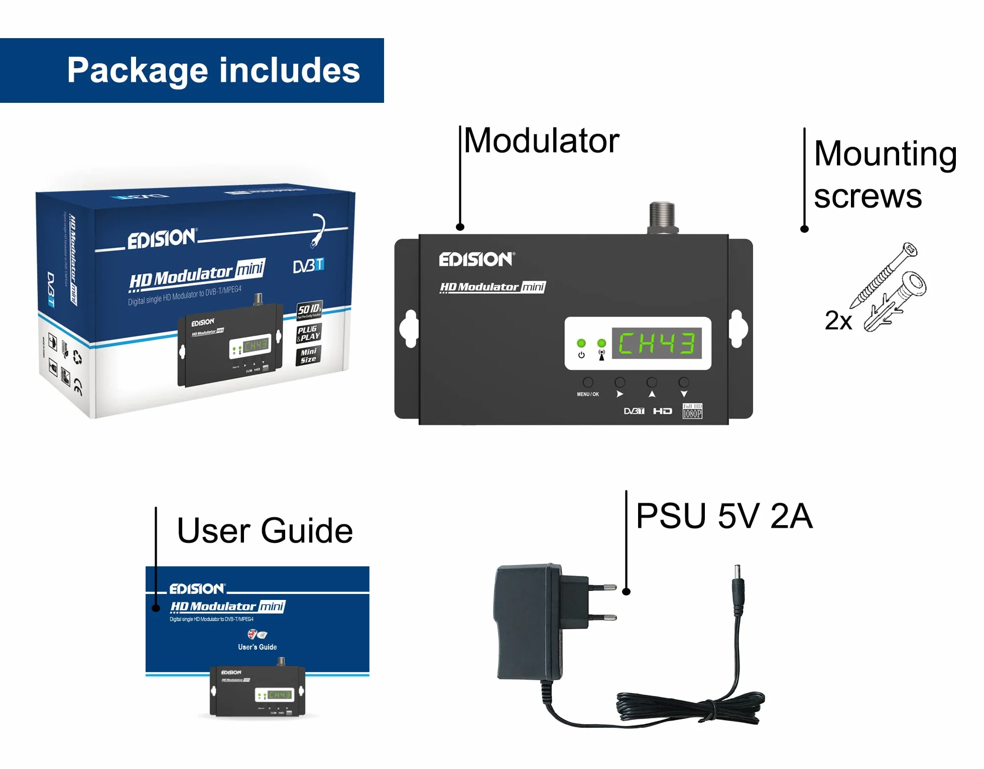 Edision HDMI MODULATOR mini modulatore monocanale RF HDMI DVBT MPEG4 FullHD