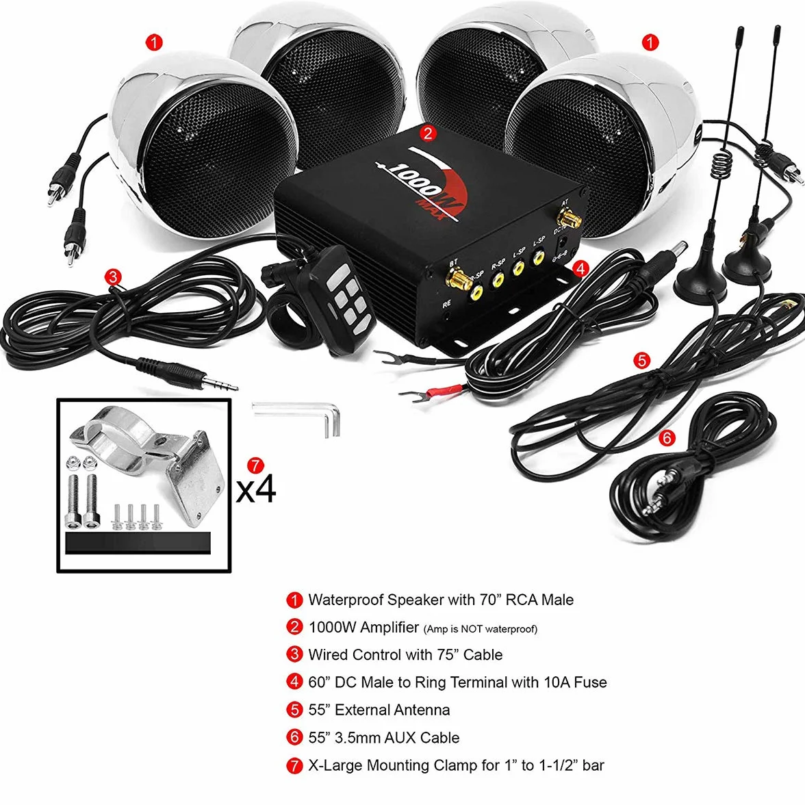 Amplificatore moto 1000 W, 4 canali, impermeabile, Bluetooth, per Harley Cruiser ATV UTV, sistema audio con AUX, USB, SD, FM Radio per manubrio
