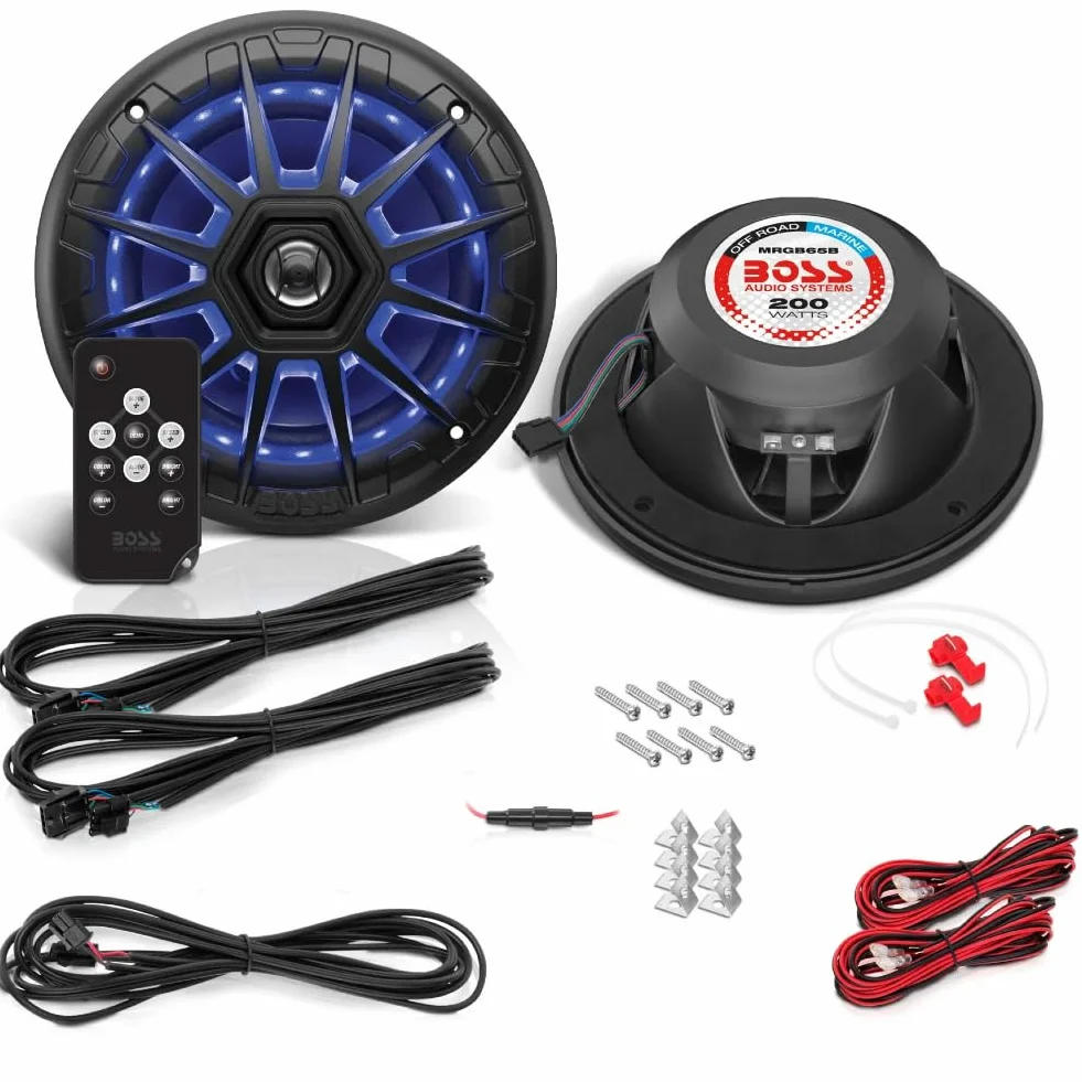 KIT SET PER BOSS AUDIO SYSTEMS MRGB65B, 2 altoparlanti marini full range a 2 vie da 6,5" 16,5 cm 165 mm, 100 watt rms 200 watt max, 4 ohm, impermeabili, con led rgb, neri, a coppia + accessori