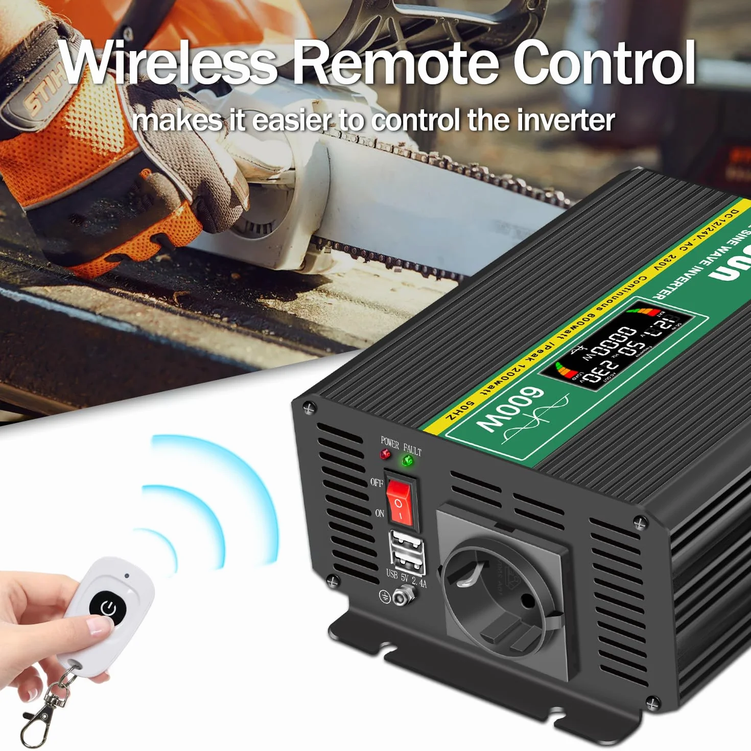 JIGUUN 600W inverter 12V/24V 220V onda pura Trasformatore con 1 prese EU e 2 porta USB 2.4A Telecomando senza fili e display LCD Potenza di picco 1200W per camion camper emergenza