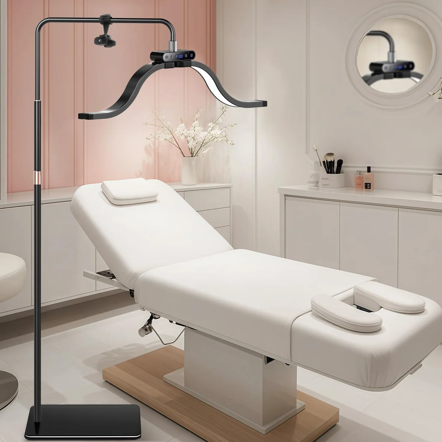 Nuvole Lampada Estetista Lampada per Extension Ciglia con Supporto per Telefono, Tatuatore, Onicotecnica – Luce Anulare LED Fredda-Luce Calda con Luminosità e Altezza Regolabili Lampad Estetista