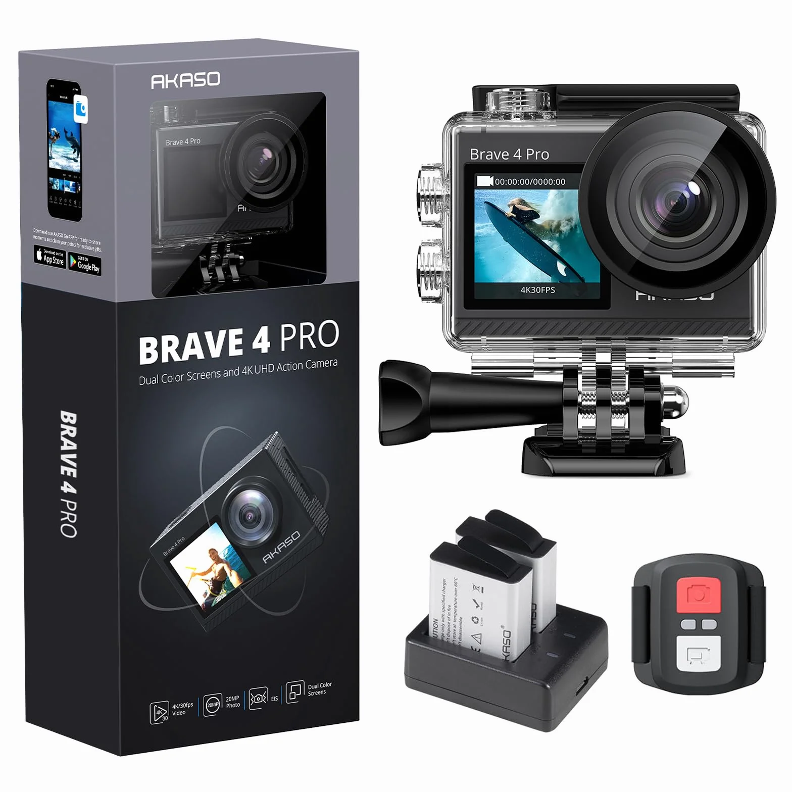 AKASO Brave 4 Pro Action Cam 4K 40M Fotocamera Subacquea, Videocamera 20MP WiFi 170° Grandangolare Doppio Schermo EIS Stabilizzazione, Touch Screen, 5x Zoom, 2x1350mAh Batterie, Kits di Accessori