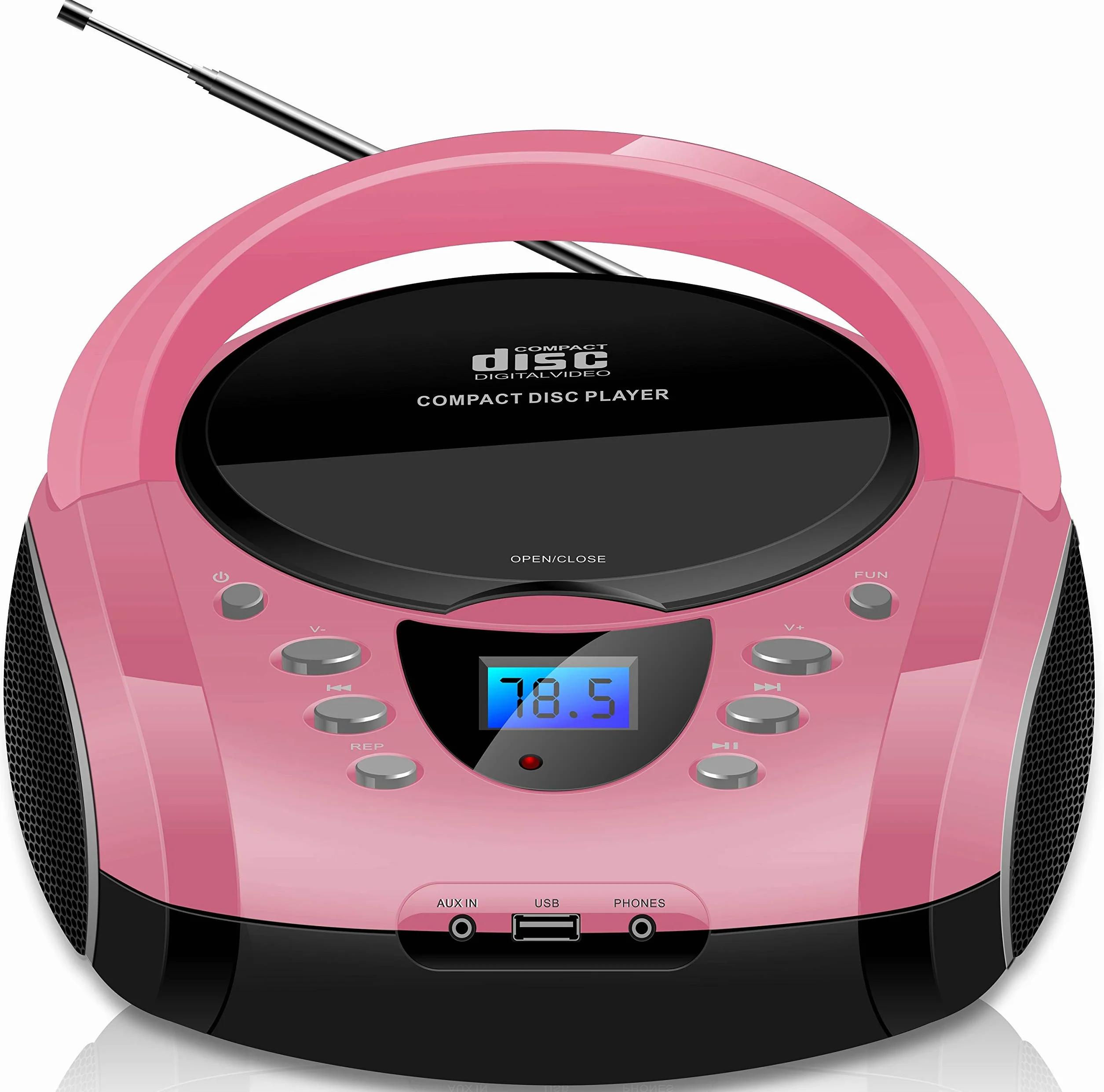 Boombox portatile lettore CD CD-R USB radio FM AUX jack cuffie impianto stereo compatto rosa Pretty Pink