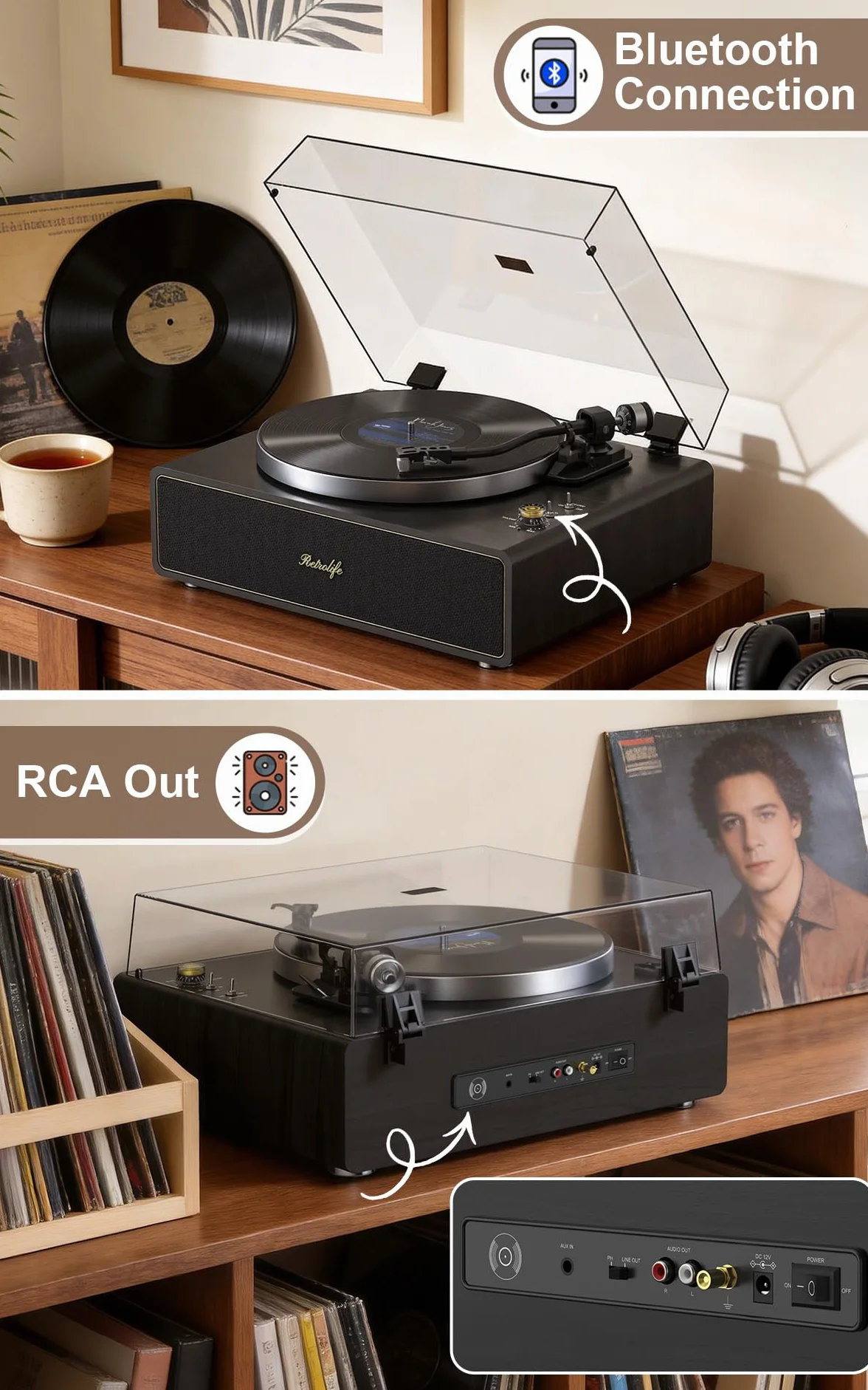 Giradischi con Altoparlanti Incorporati, Giradischi Vinile Bluetooth 2 Velocità 33/45 RPM Auto-Off