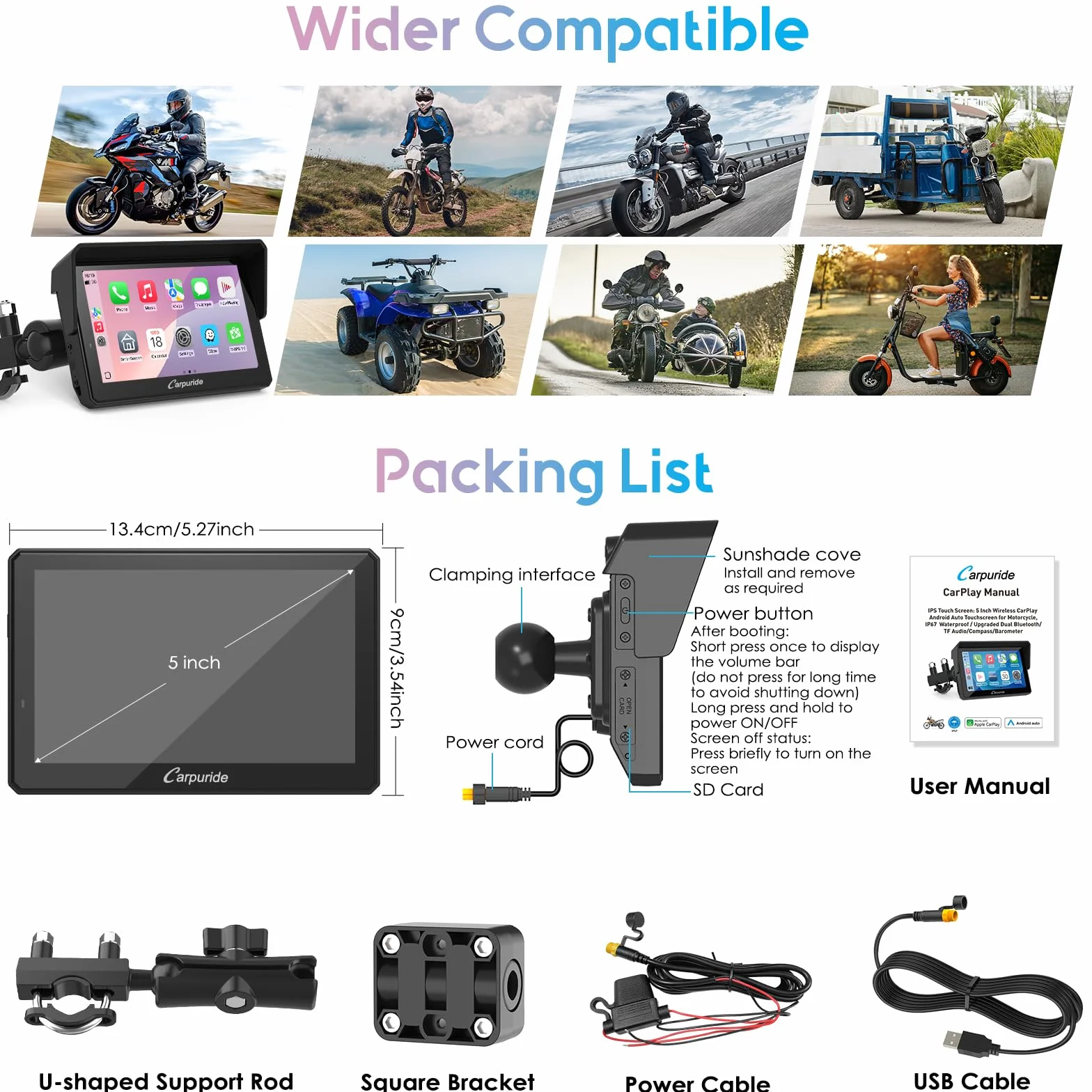 Carpuride W502PRO per CarPlay per Moto e Android Auto e Doppio Bluetooth - Navigazione GPS Impermeabile da 5 pollici per Moto, Condivisione di Musica, Interfono, EQ, Sensore di Luce, Bussola, Barometr