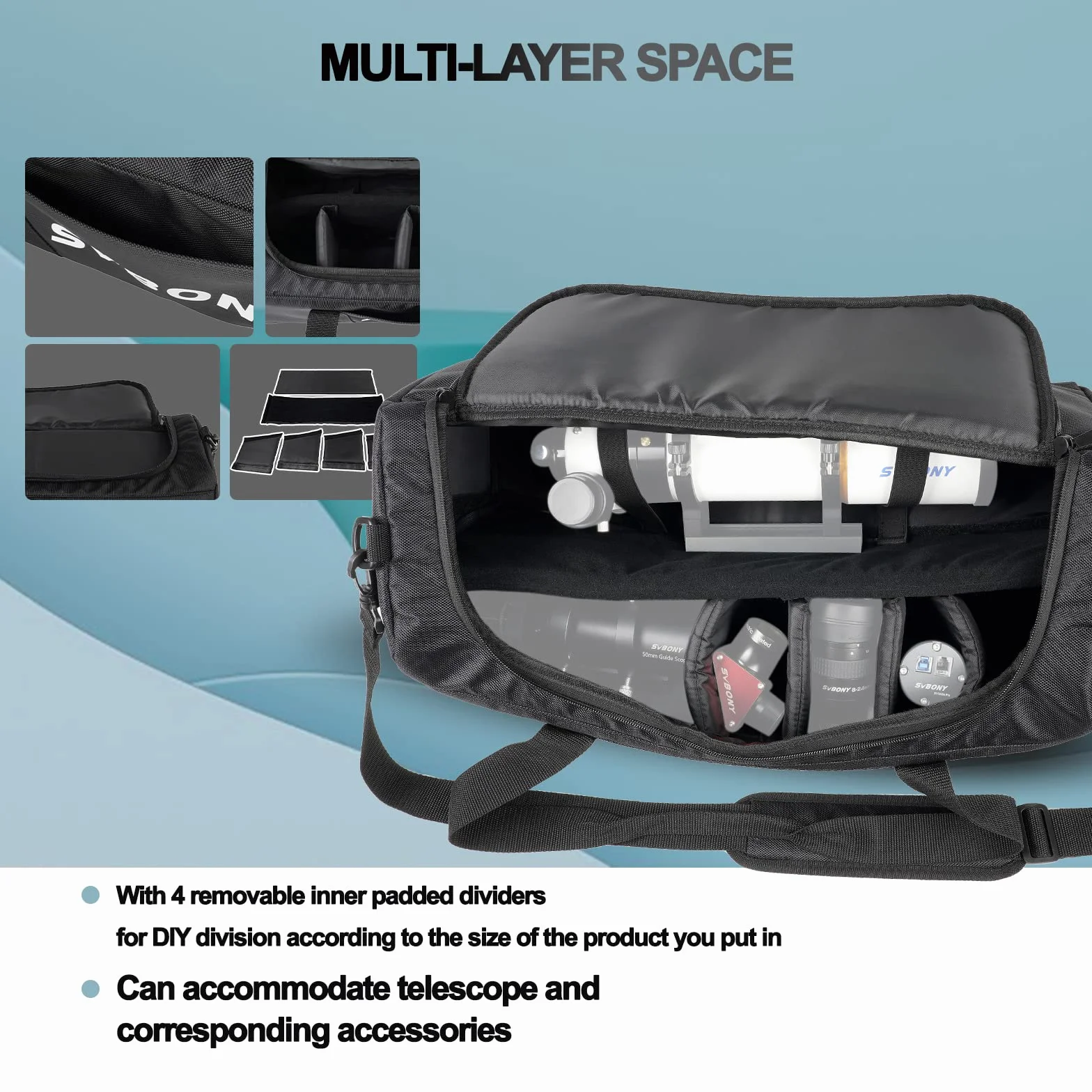 SVBONY SV212 Teleskoptasche, Gepolsterte Mehrzweck Tragetasche Verstellbarer Schultergurt Passend für Teleskop und Zubehör, Nero, Tessuto Oxford 1680D e PVC
